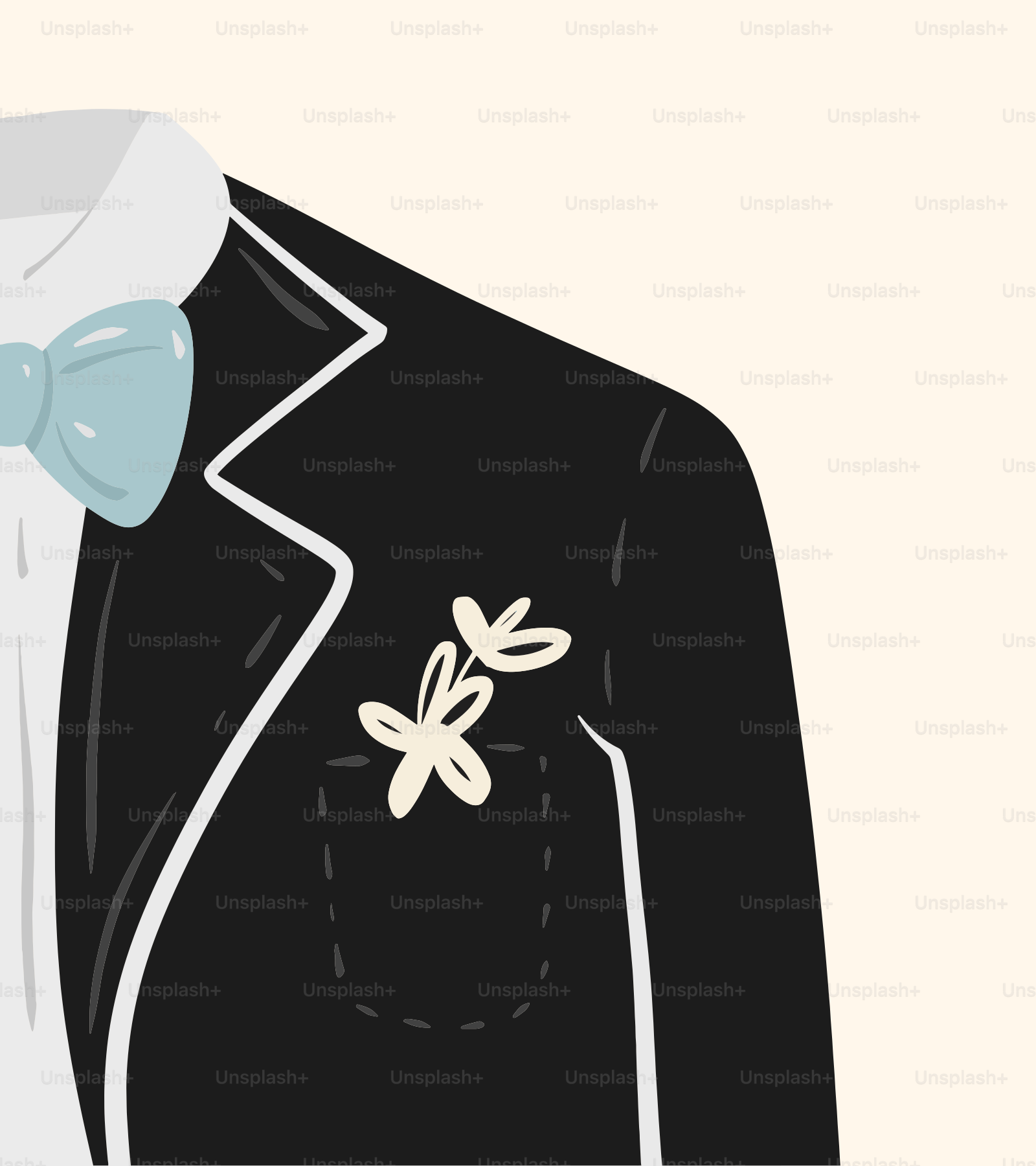 eine schwarze Jacke mit weißem Hemd und einer Fliege