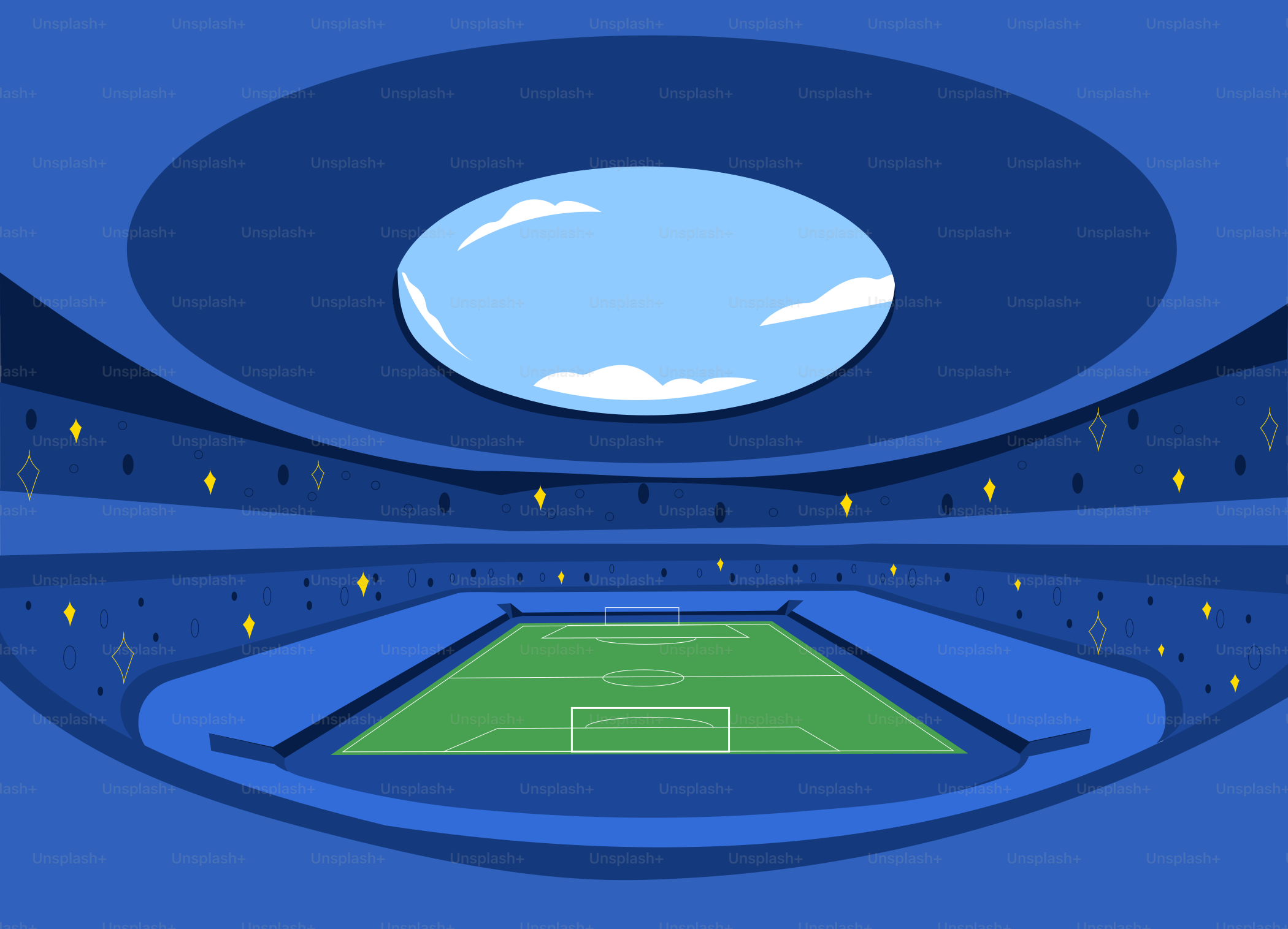 a soccer field in a stadium with a sky background