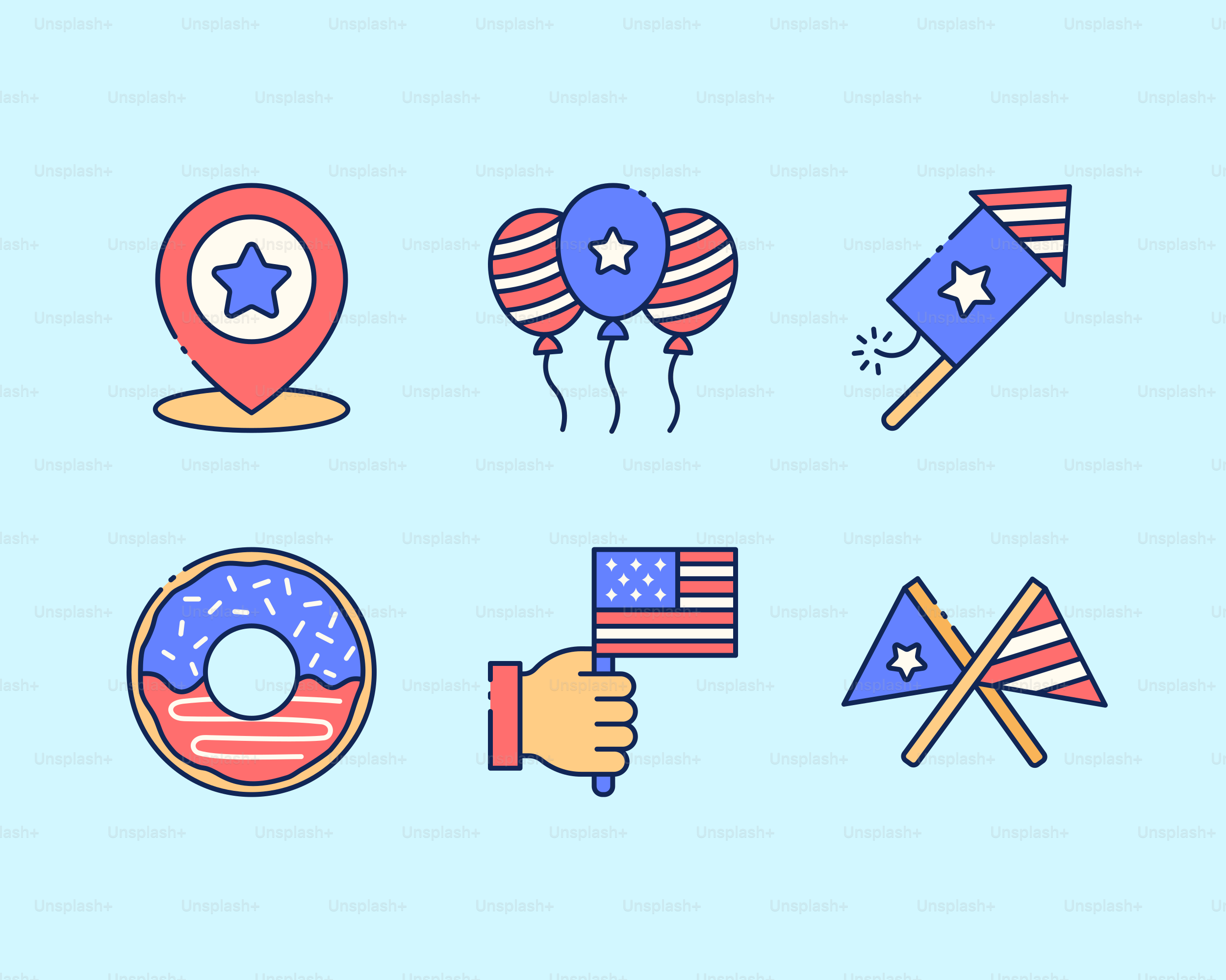 a hand holding a flag, a donut, a pinwheel, and a