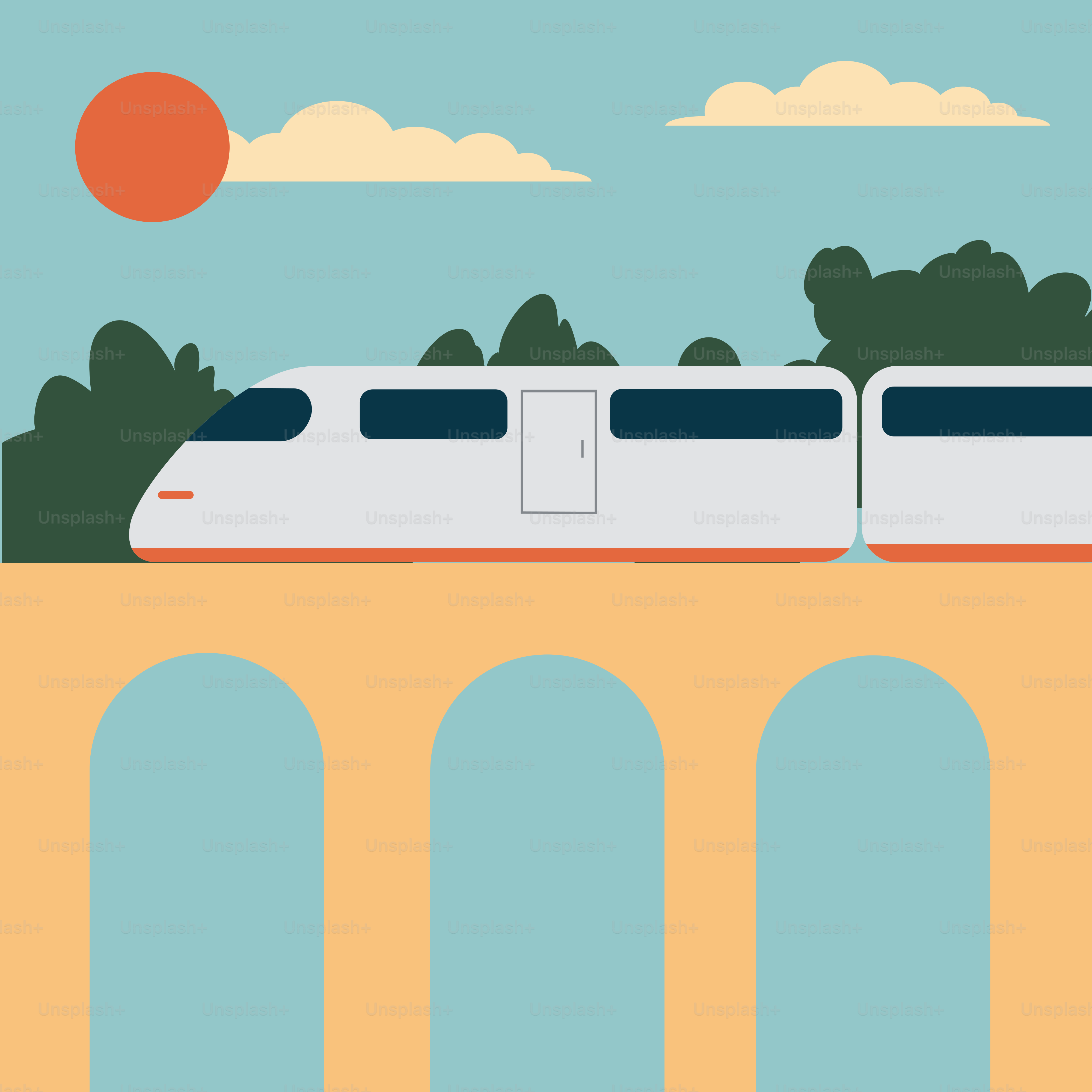 Um trem atravessando uma ponte com árvores