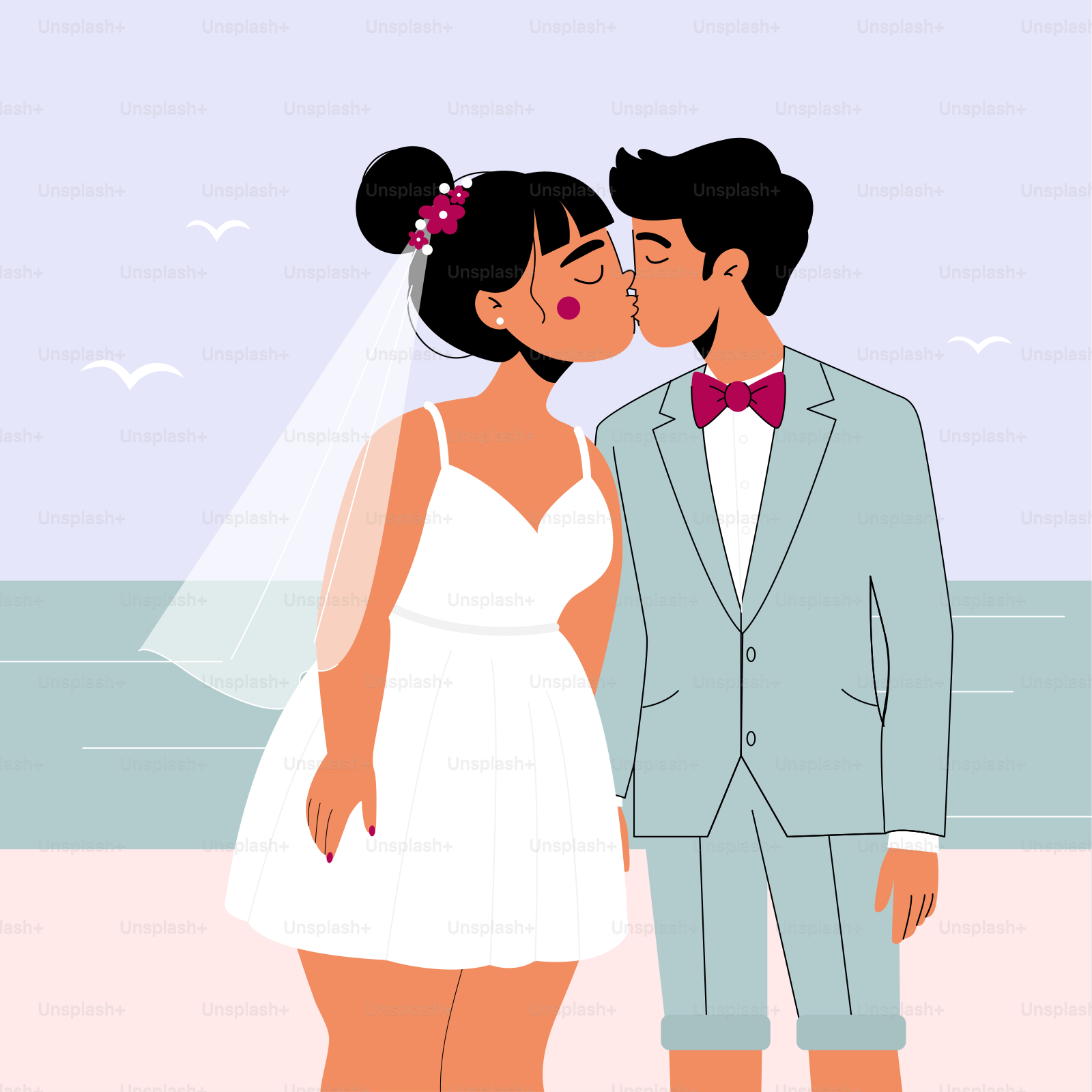 A bride and groom kissing on the beach