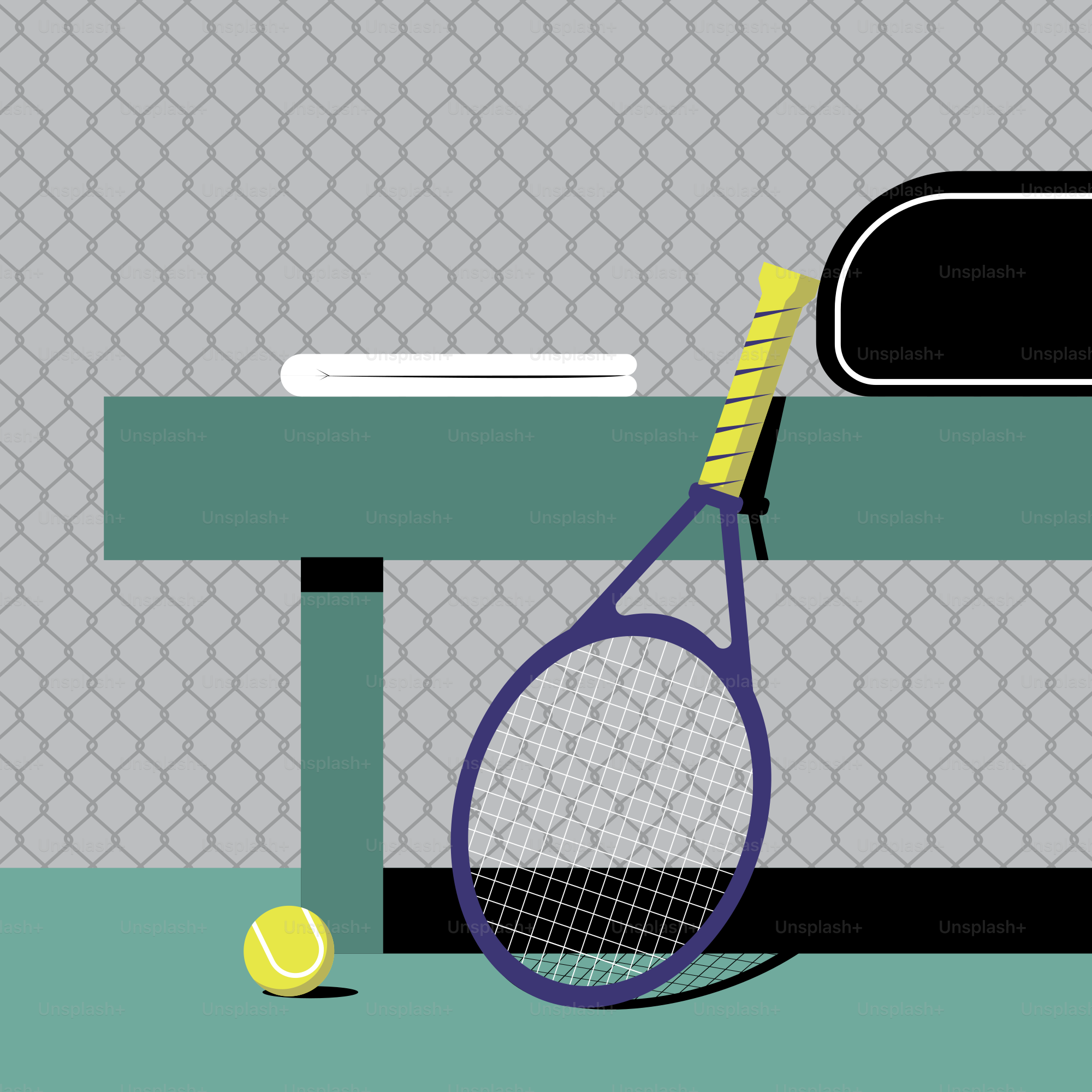 Una racchetta da tennis e una pallina da tennis su un campo da tennis