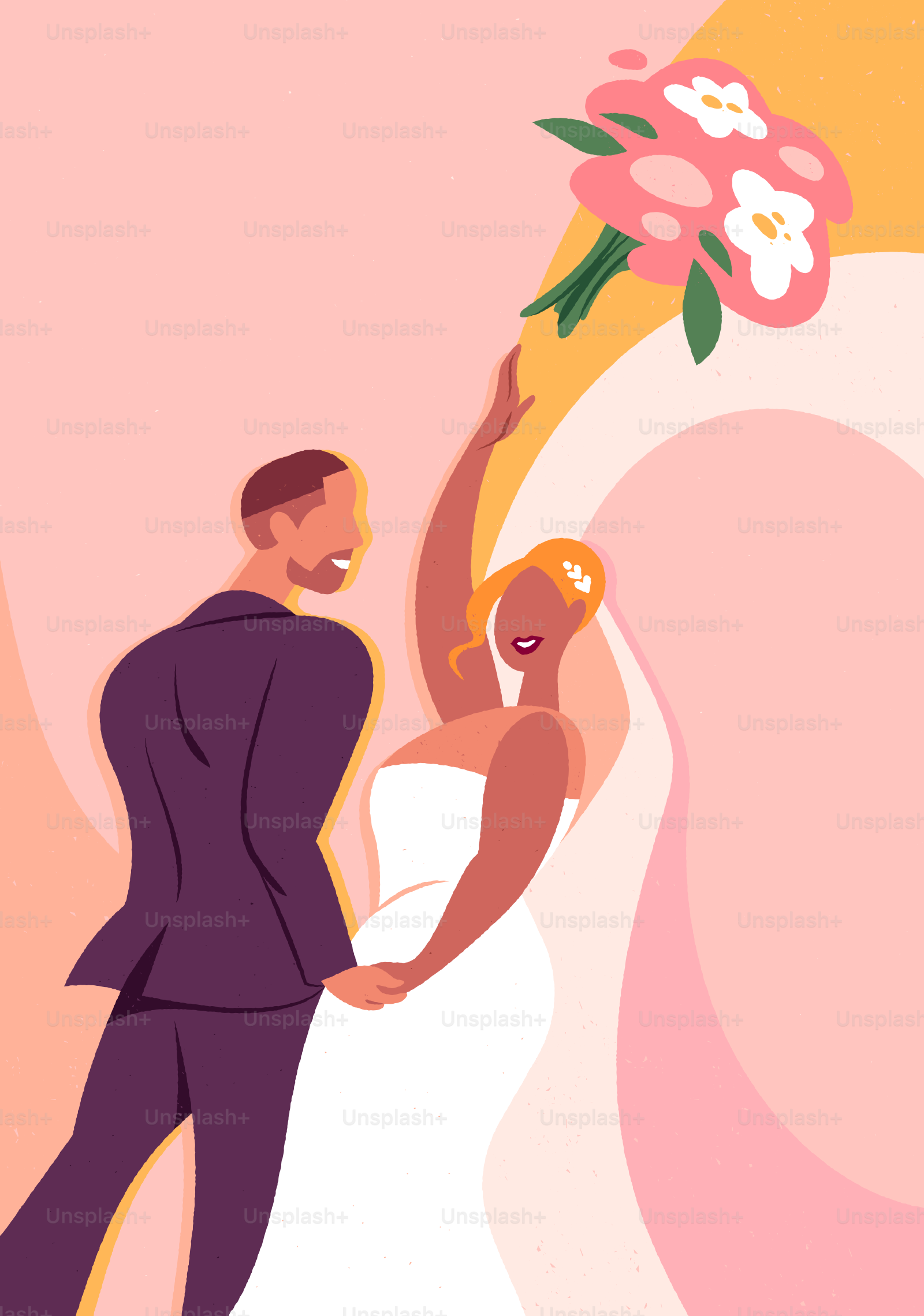 Una novia y un novio sostienen un ramo de flores