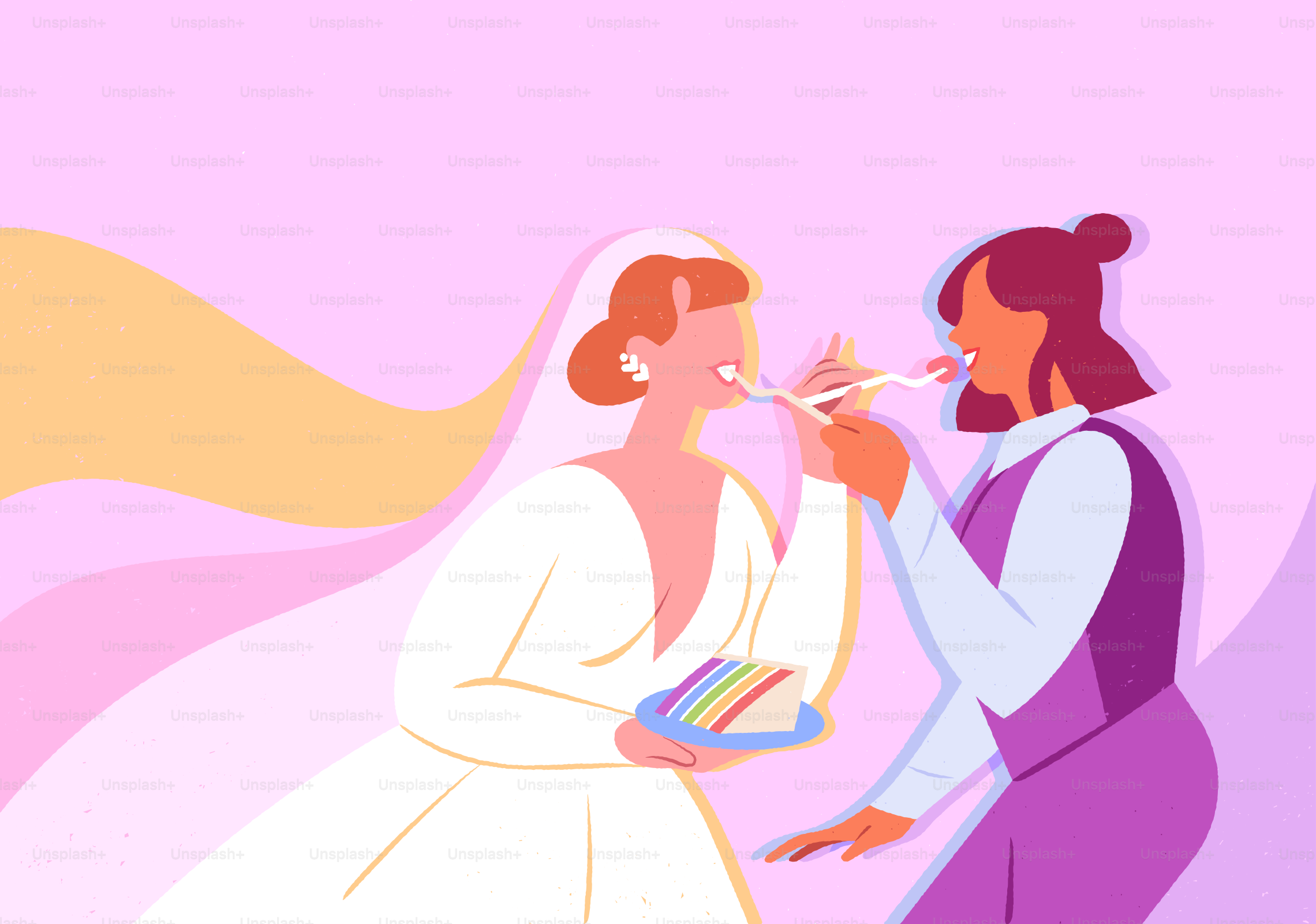A bride and groom feeding each other a piece of cake