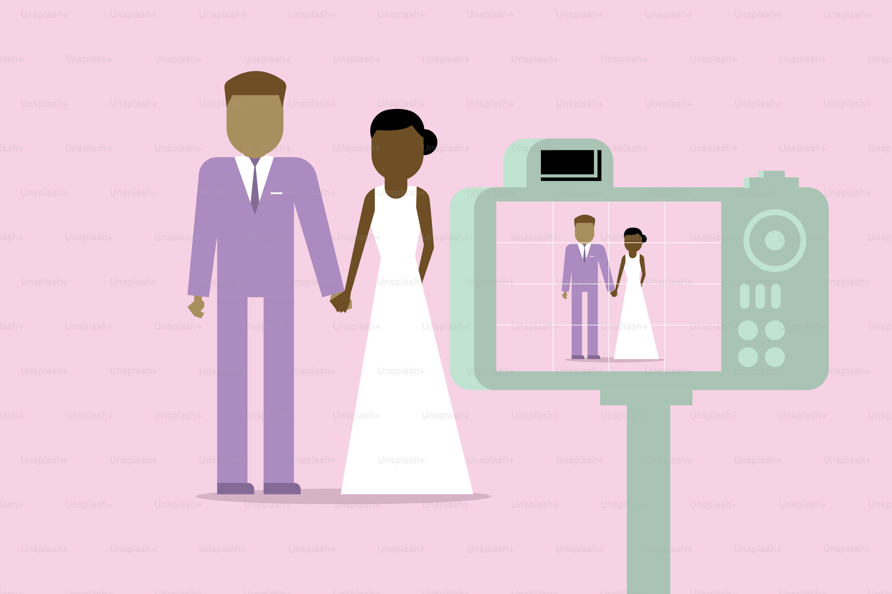 A man and a woman standing in front of a camera