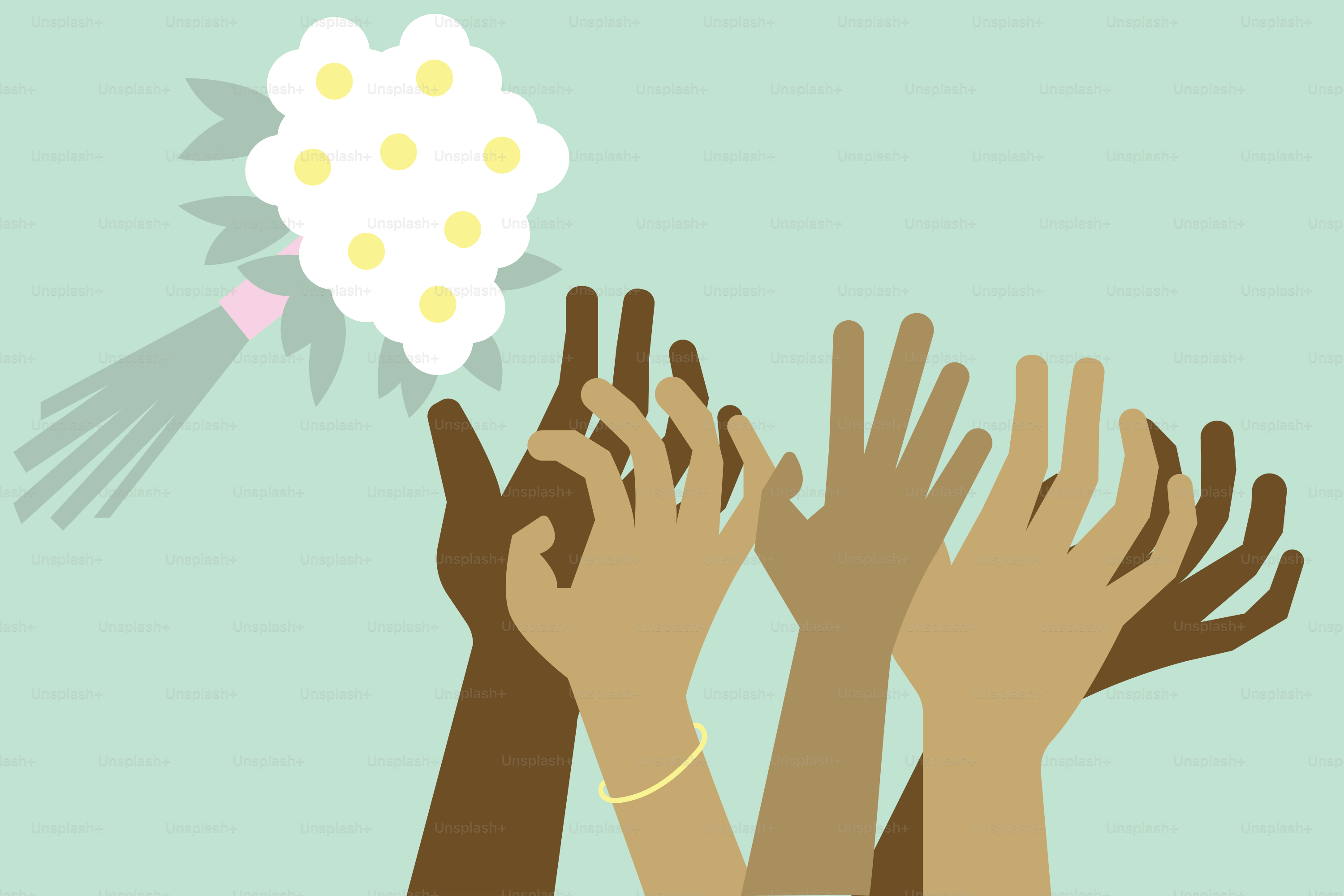A group of people reaching for a bouquet of flowers
