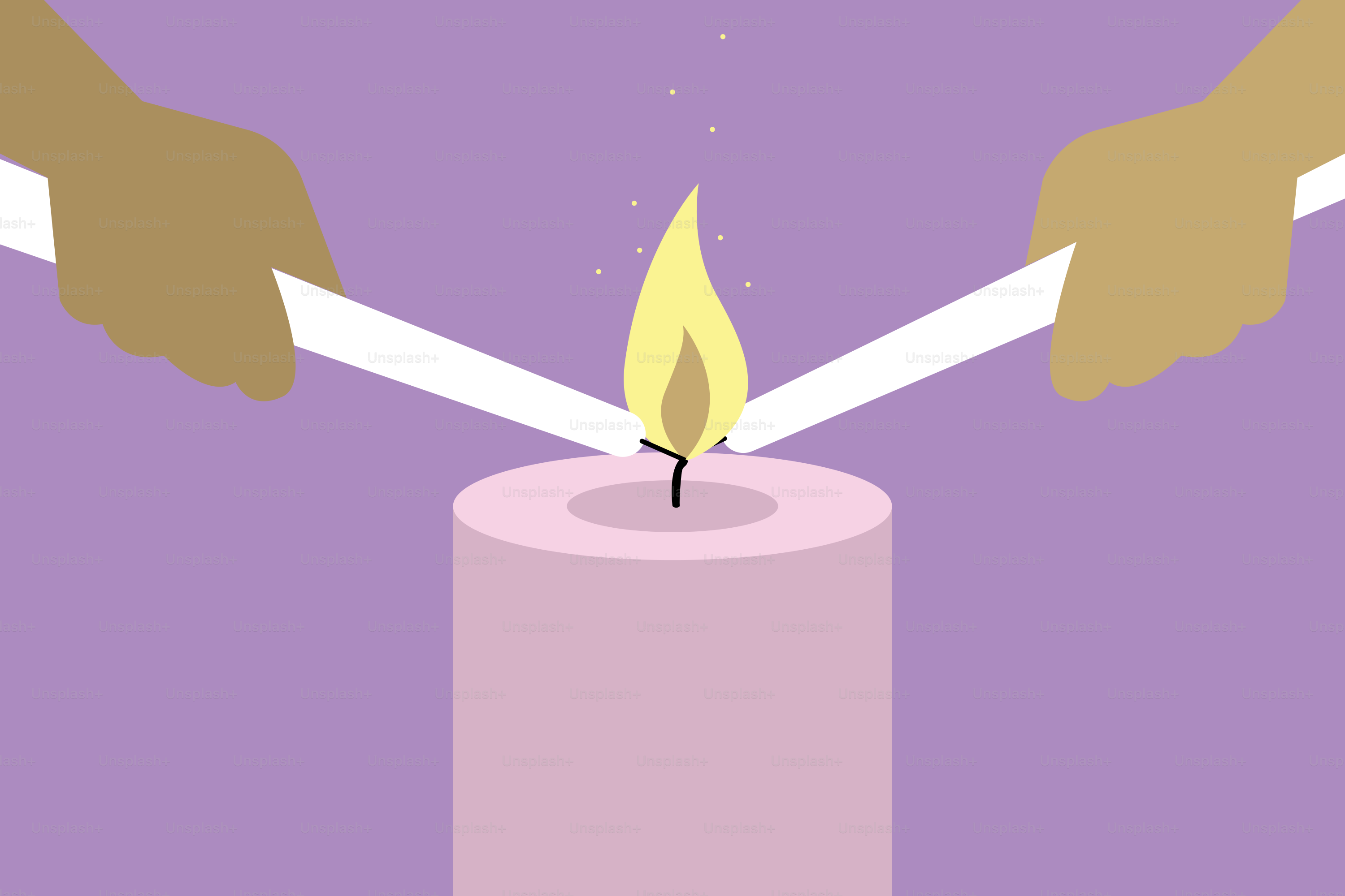 Two hands holding a lit candle with a purple background