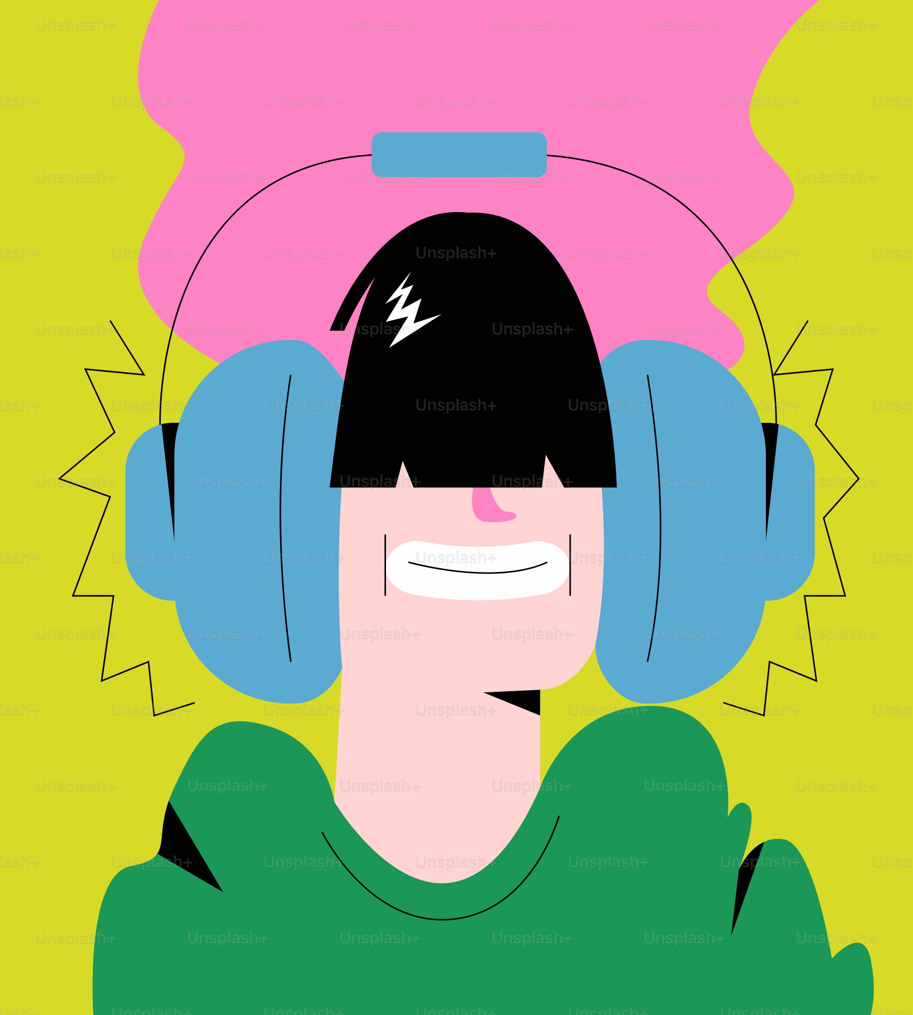 Seseorang yang mengenakan headphone dengan kemeja hijau