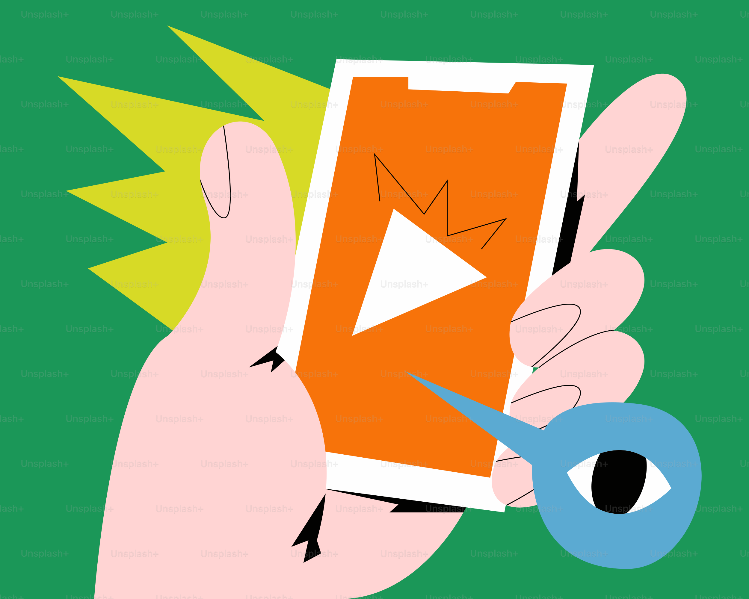 A hand holding a smart phone with a play button on it