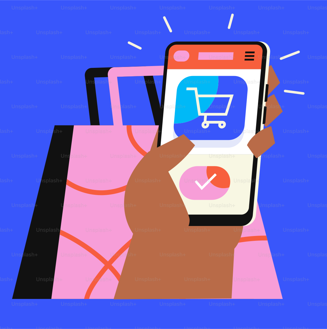 スマートフォンを持つ手と、背景にショッピングカートが流れている