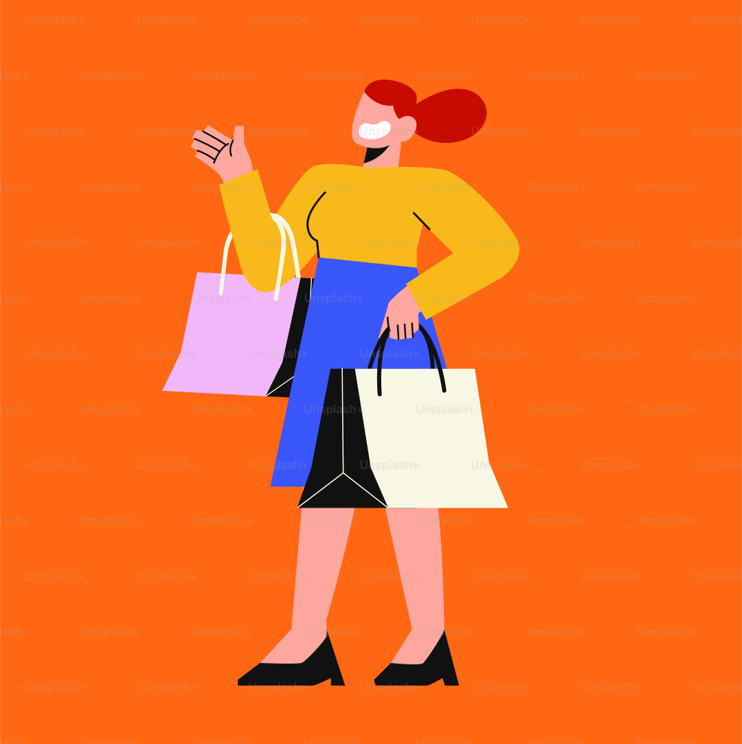 A woman holding shopping bags and waving