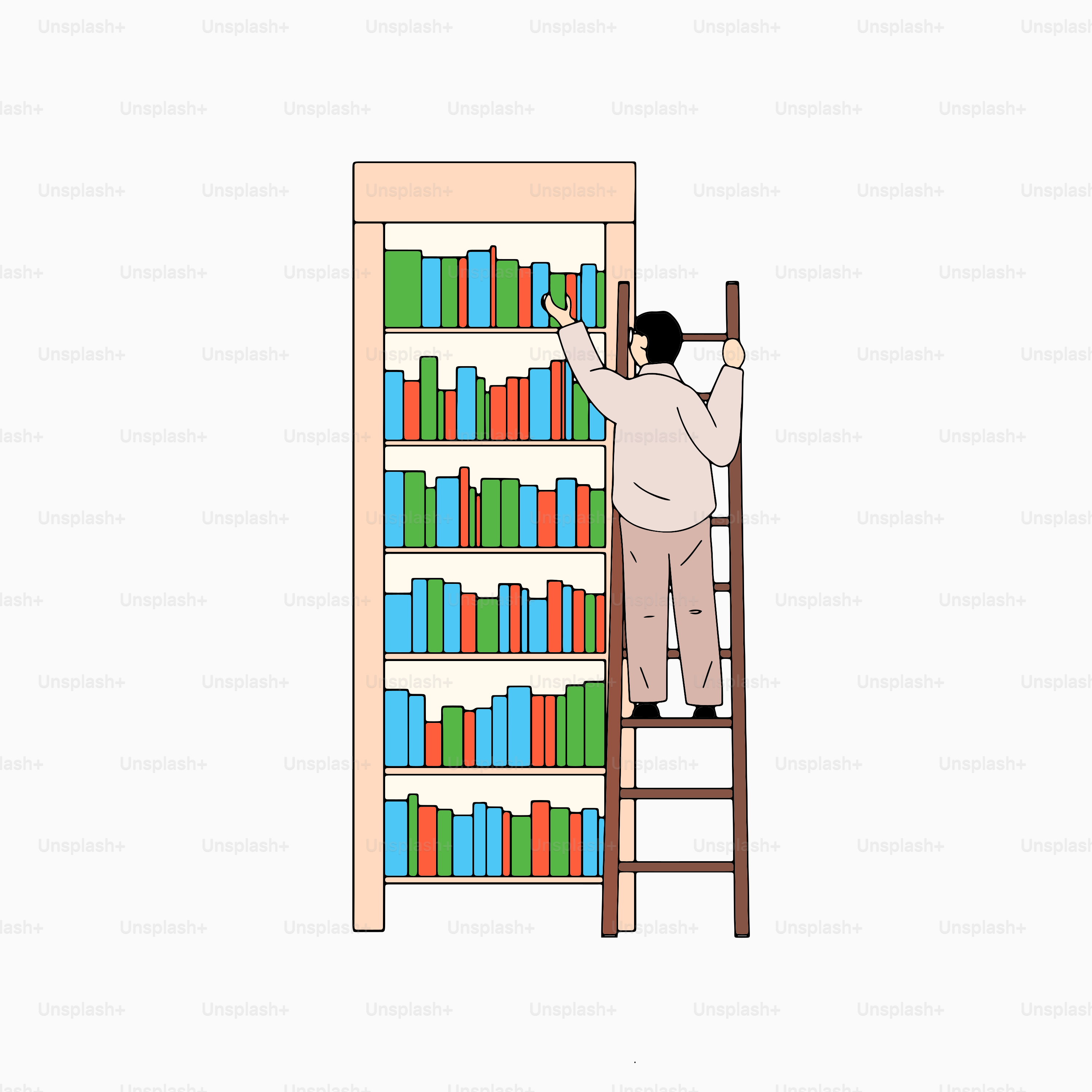 Ein Mann, der auf einer Leiter neben einem mit Büchern gefüllten Bücherregal steht