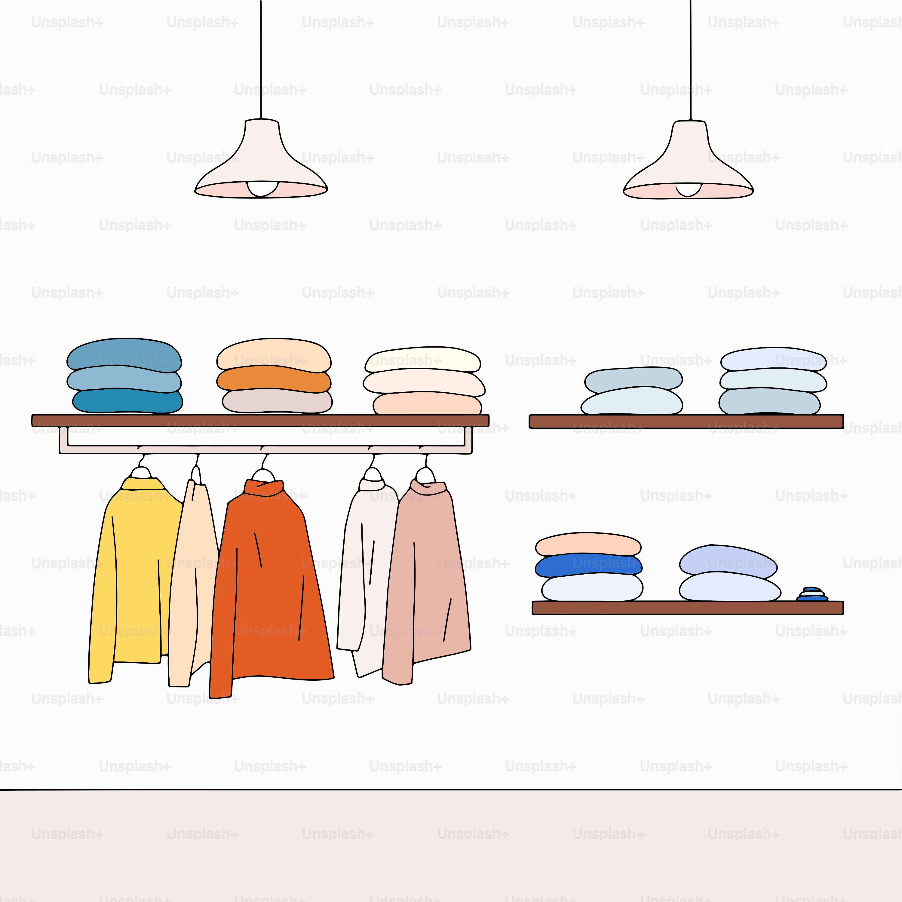 Eine Zeichnung eines Regals mit Kleidung und Lampen