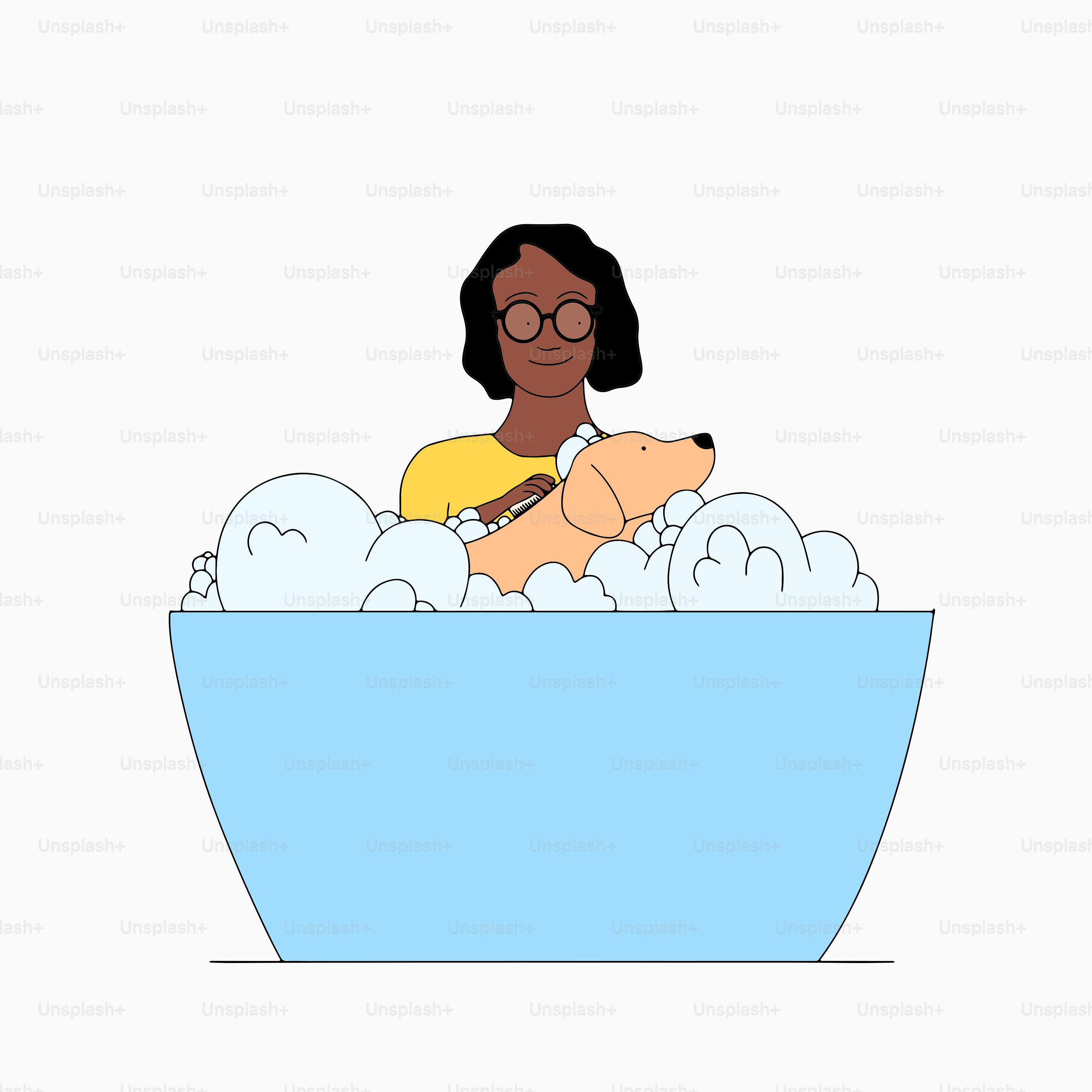 A woman sitting in a bathtub with a dog in it
