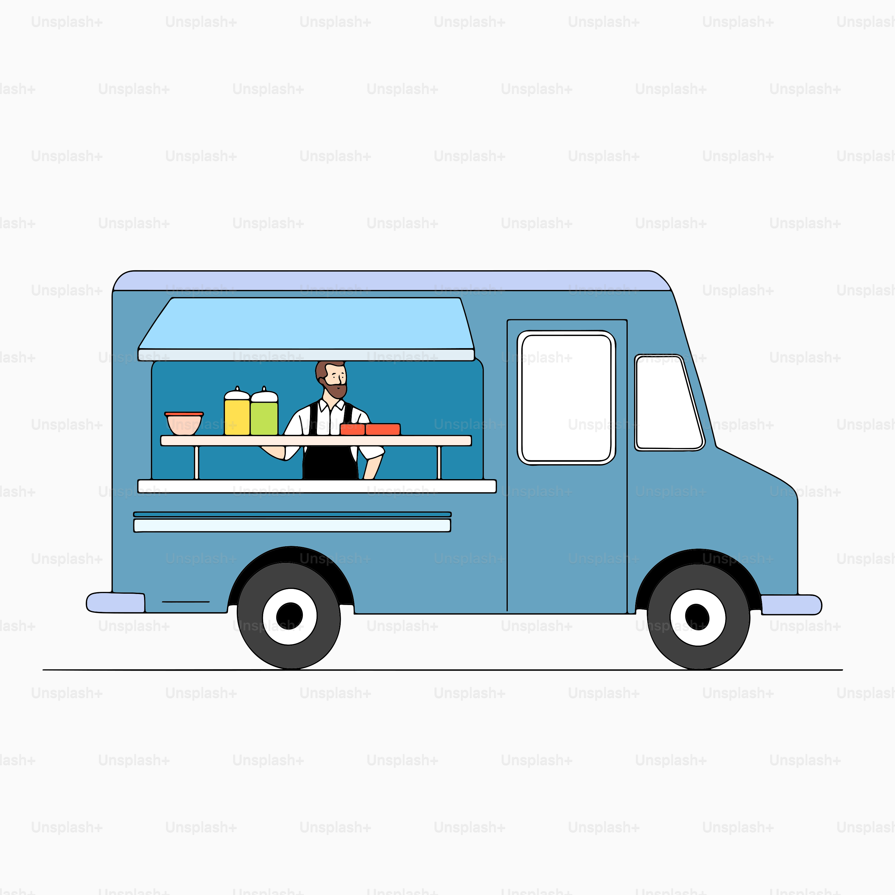 A blue food truck with a man serving food