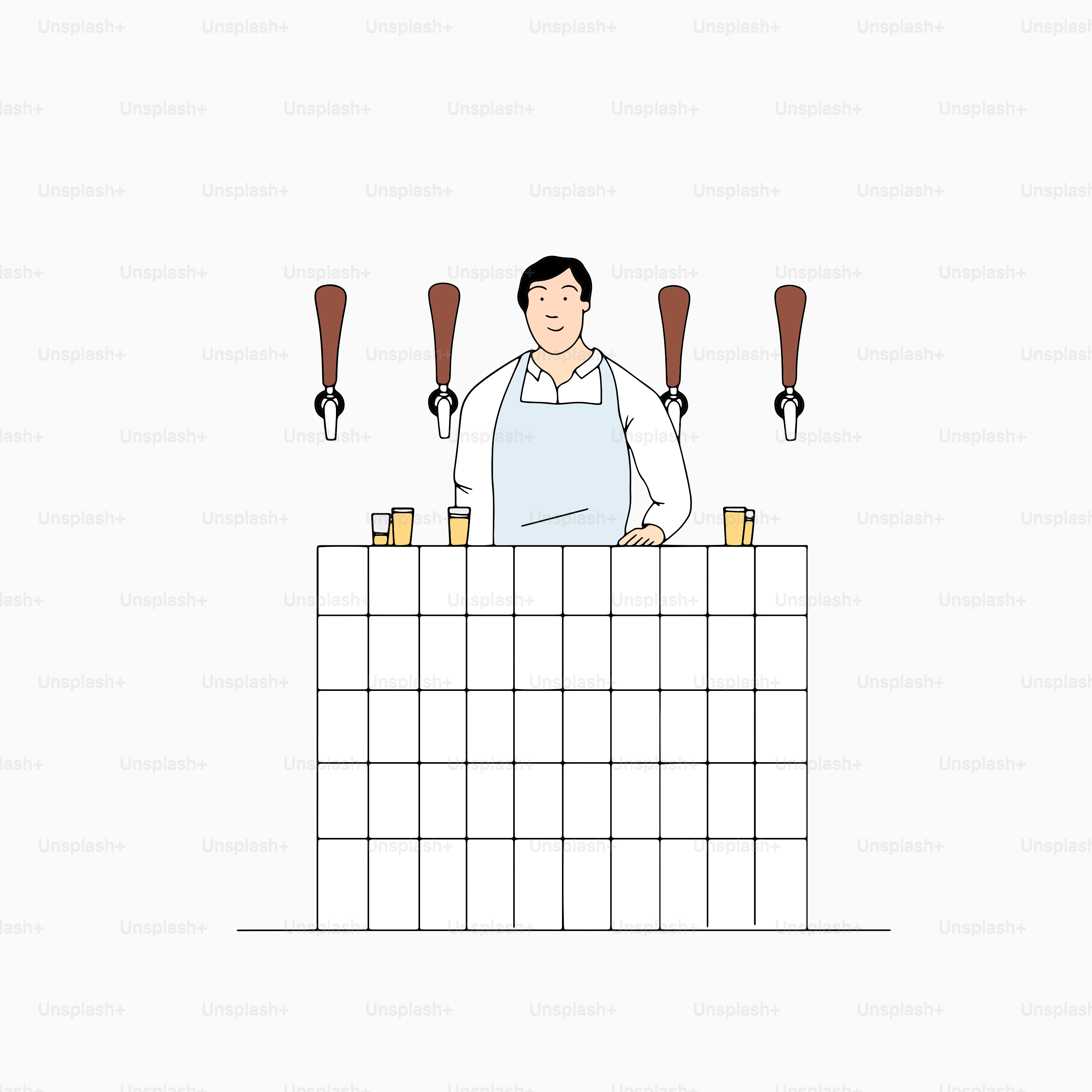 A man standing behind a bar with three beers on it