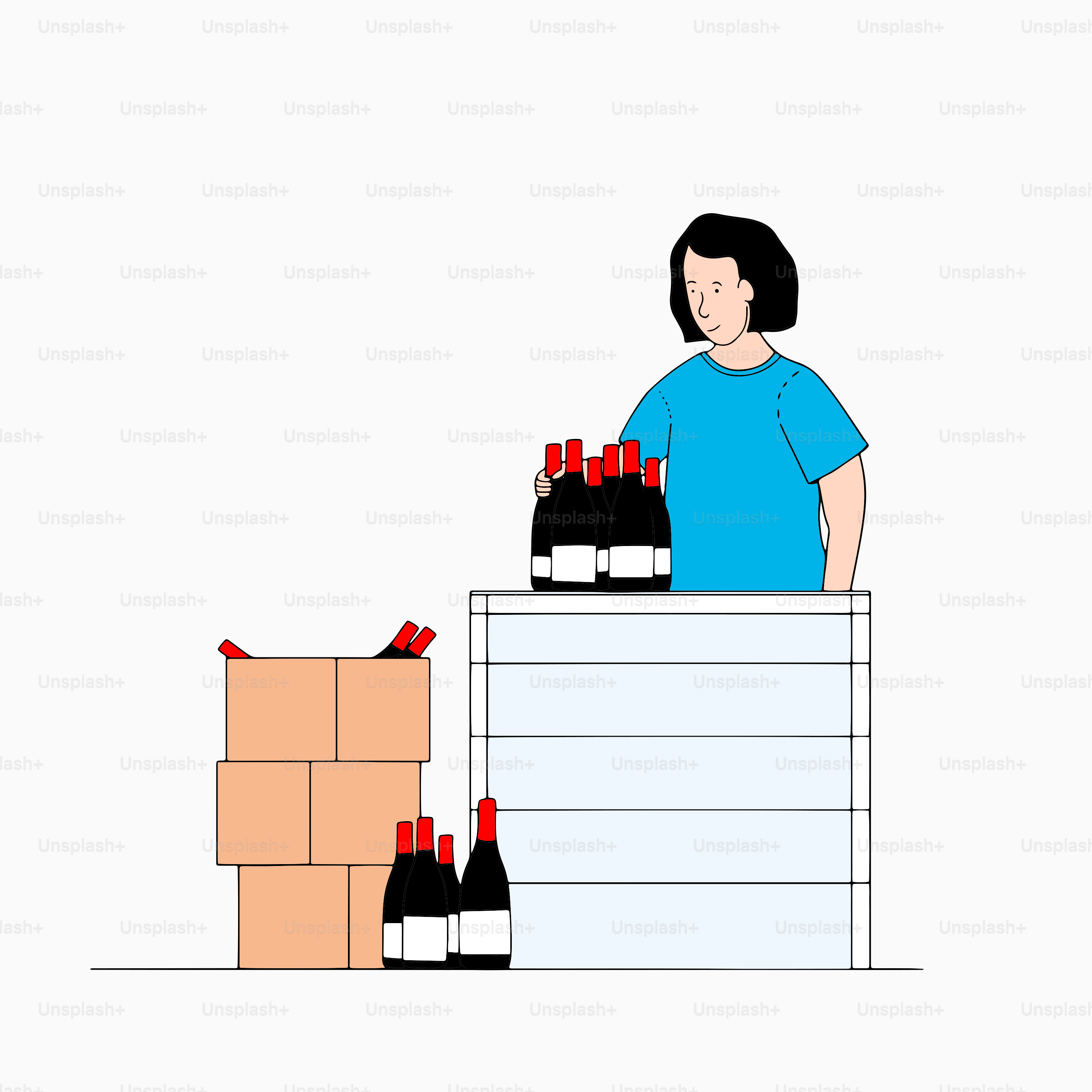 Eine Frau steht hinter einem Tresen, der mit Weinflaschen gefüllt ist