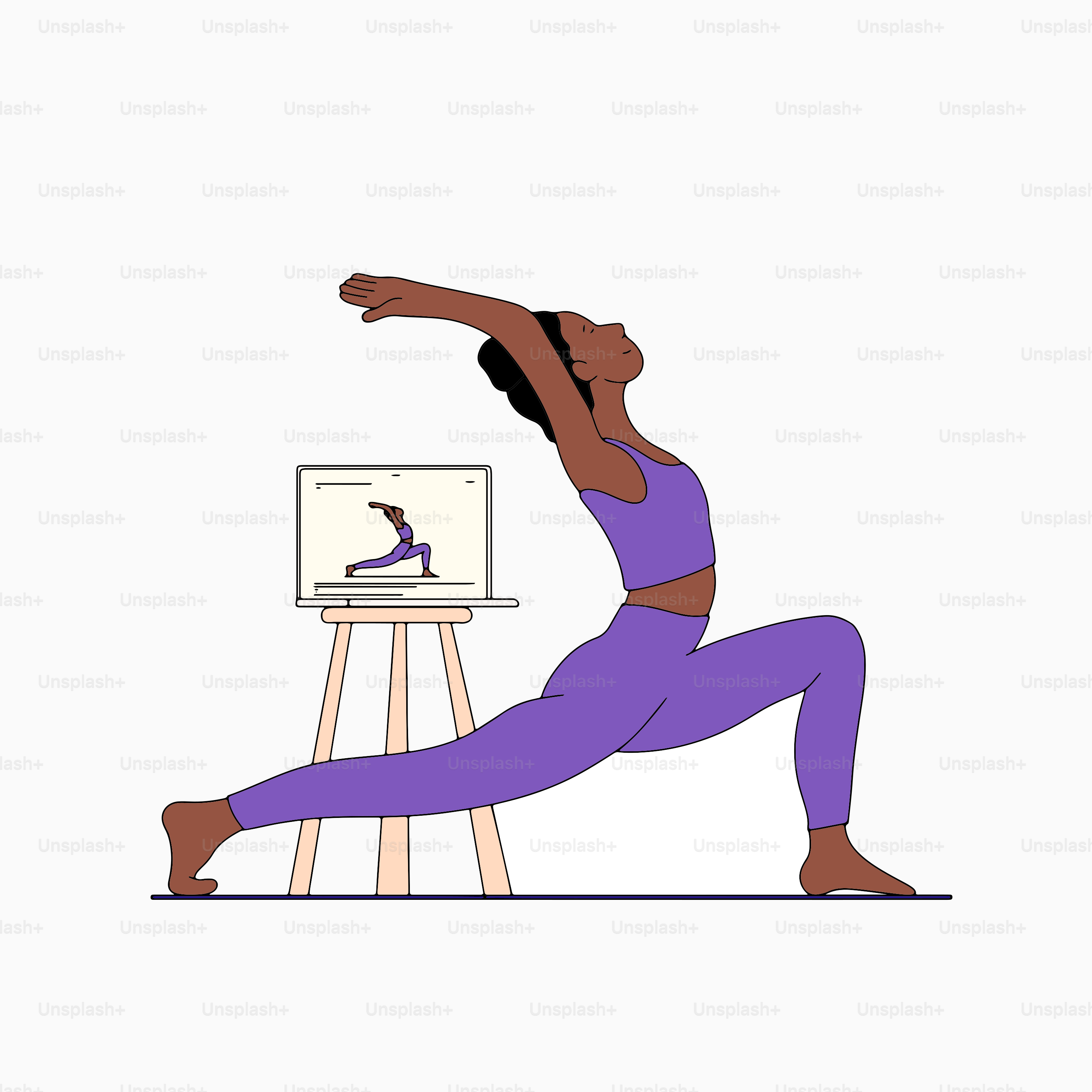 Eine Frau, die eine Yoga-Pose vor einem Computerbildschirm macht