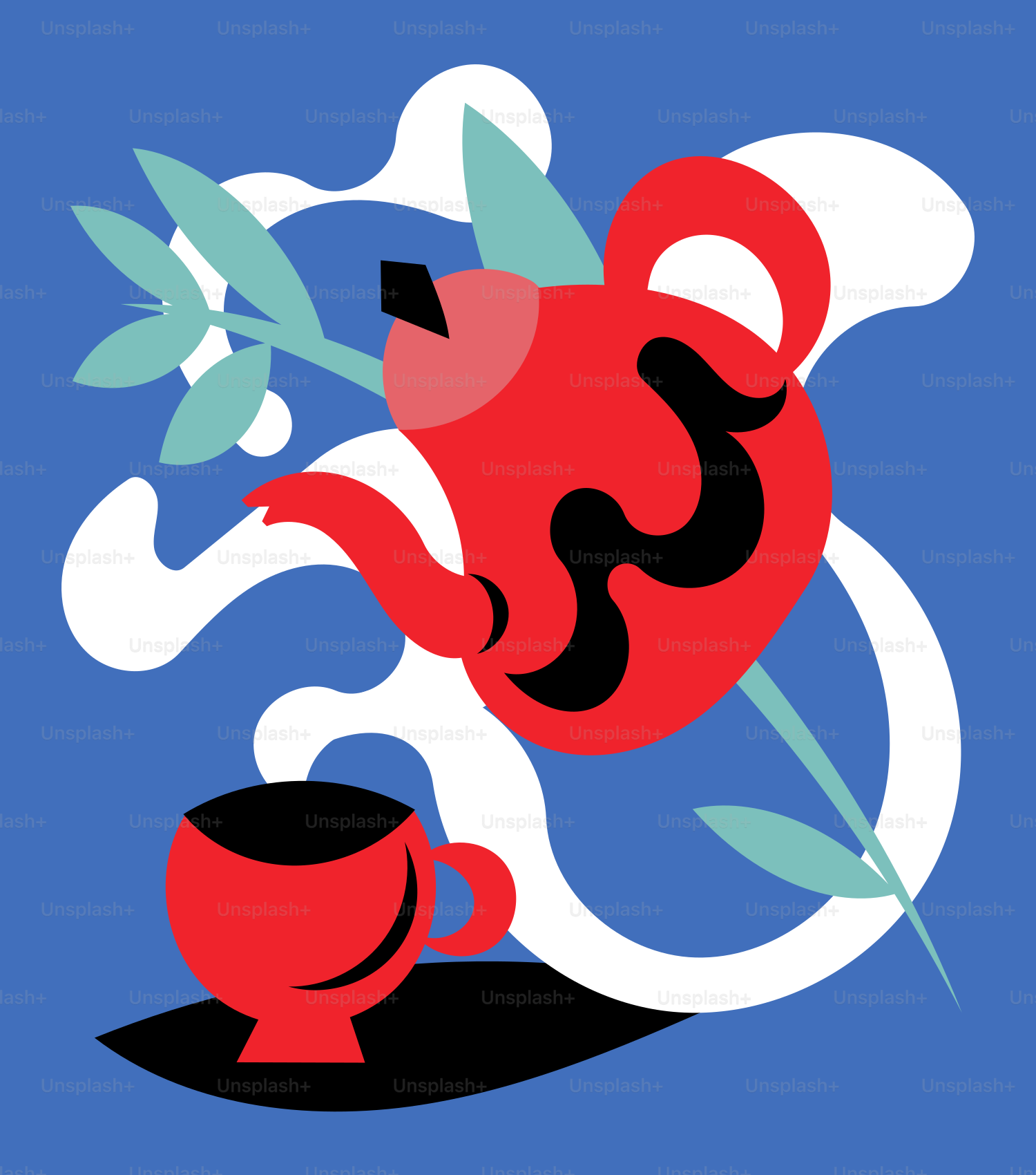 A teapot with a flower and a cup of tea