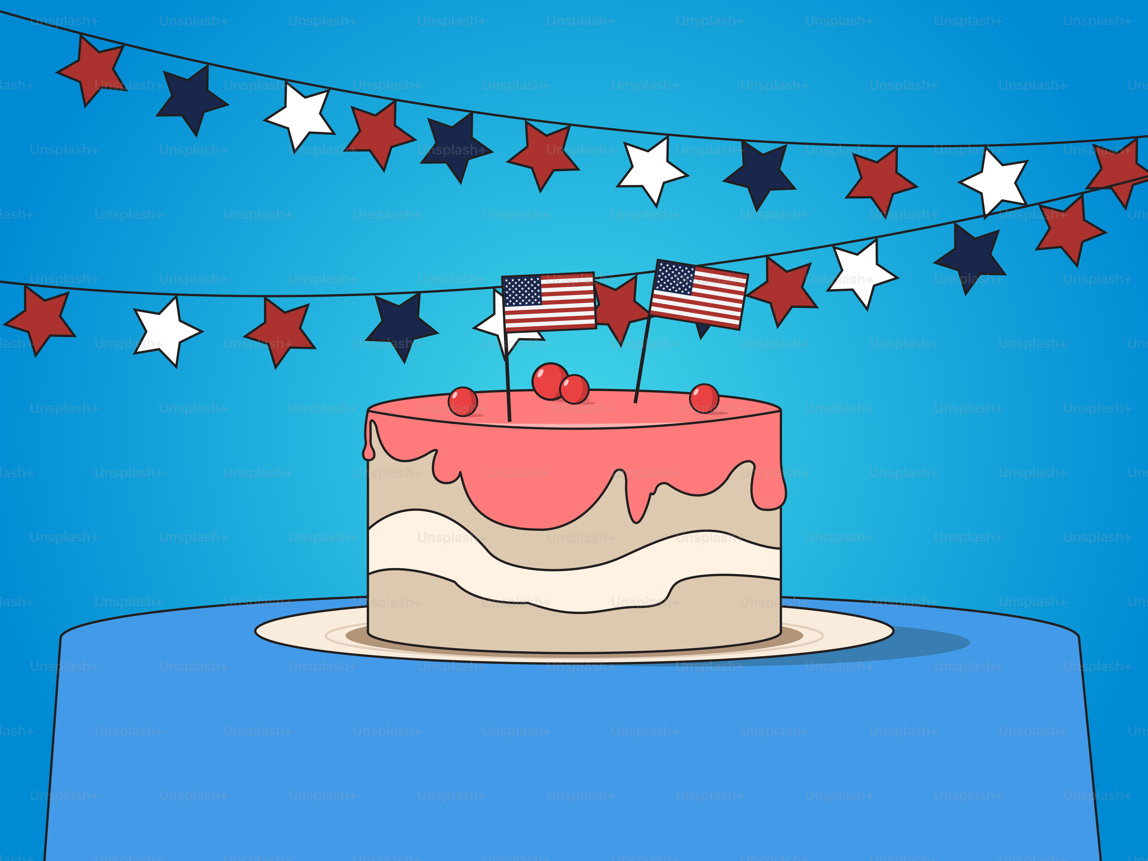 Un pastel de cumpleaños en una mesa con banderas americanas