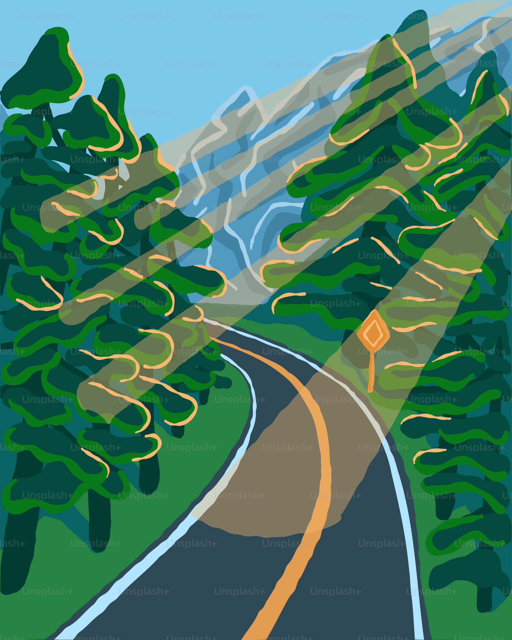 a painting of a road going through a forest
