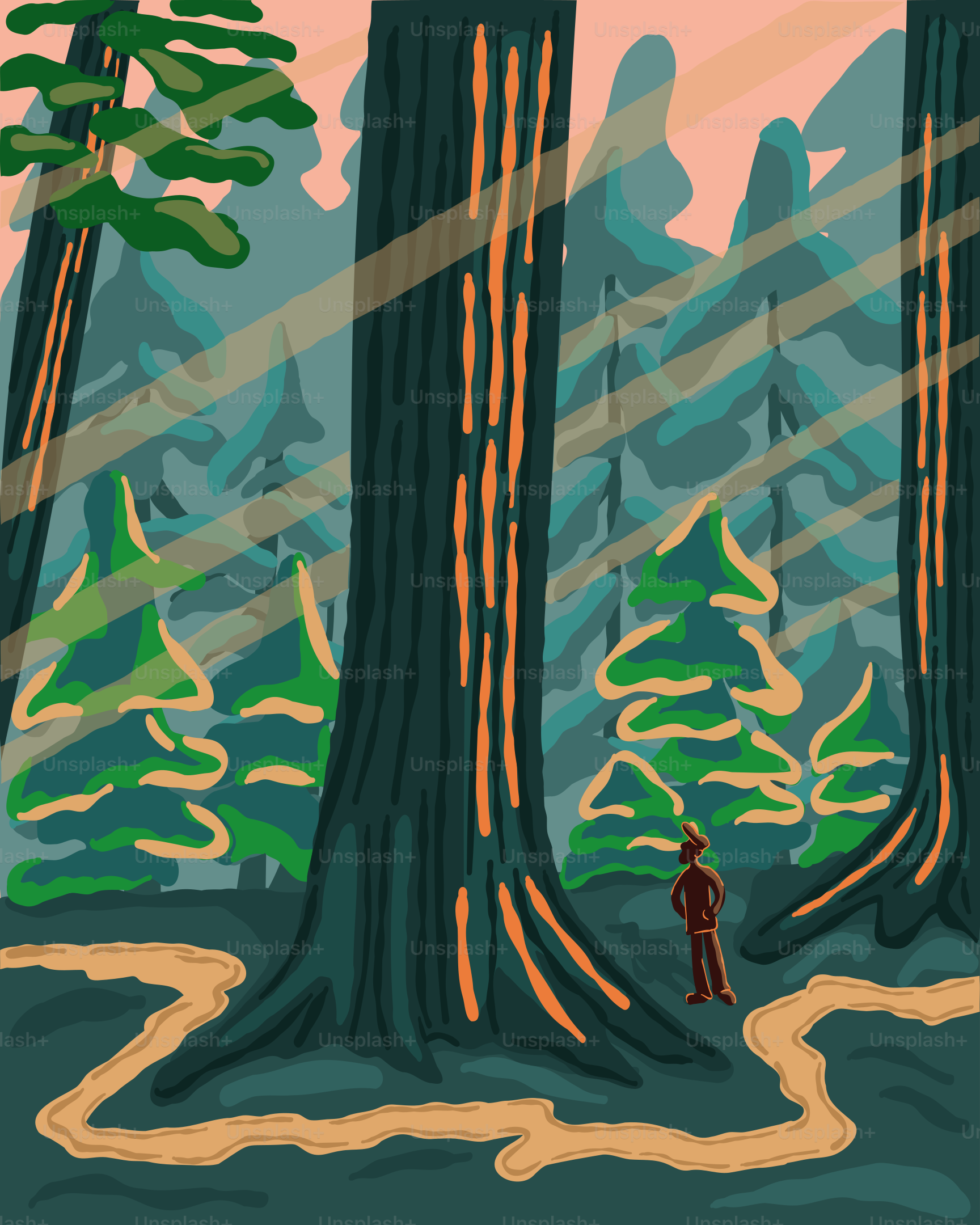 a man standing in the middle of a forest