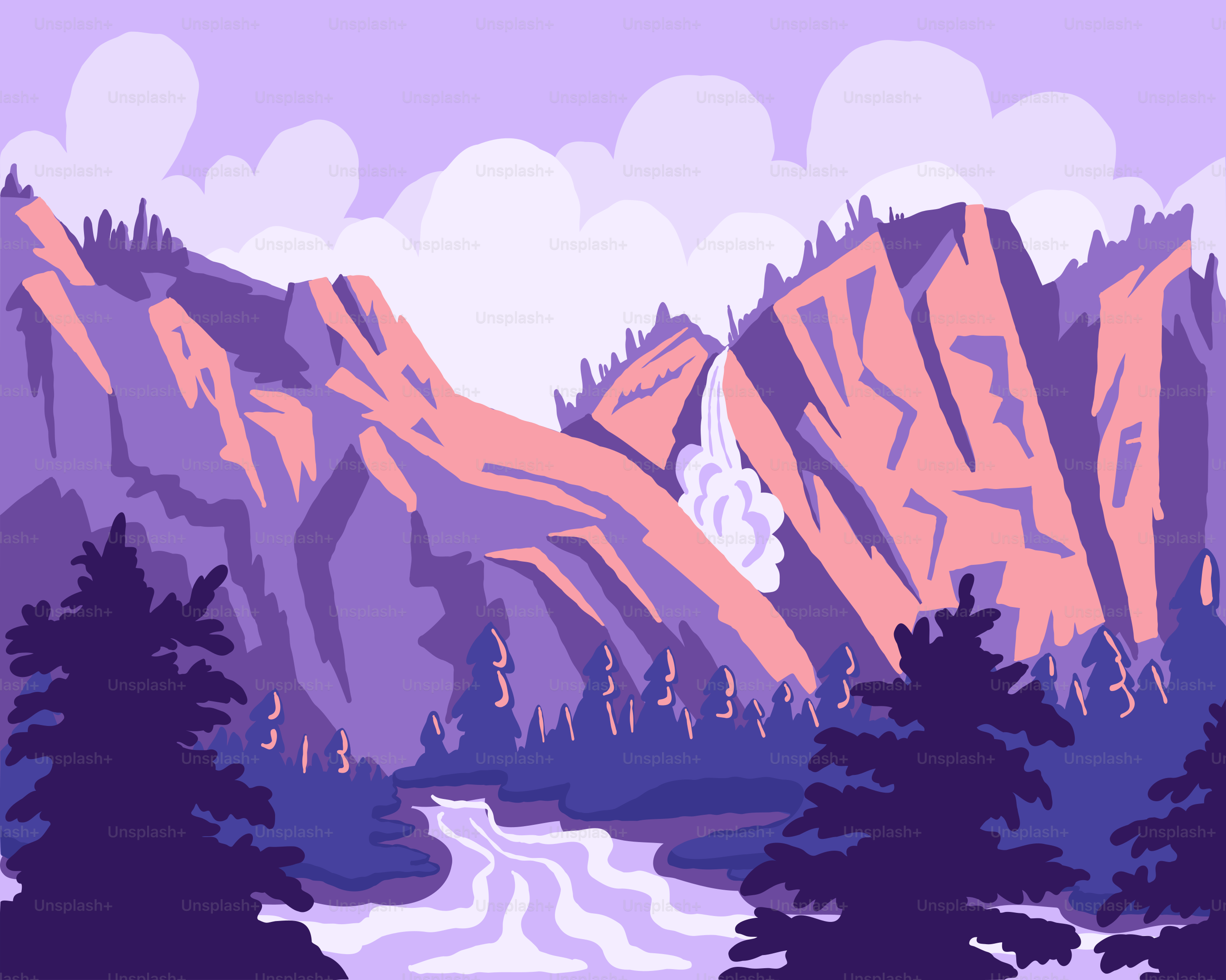 une peinture d’une chaîne de montagnes traversée par une rivière