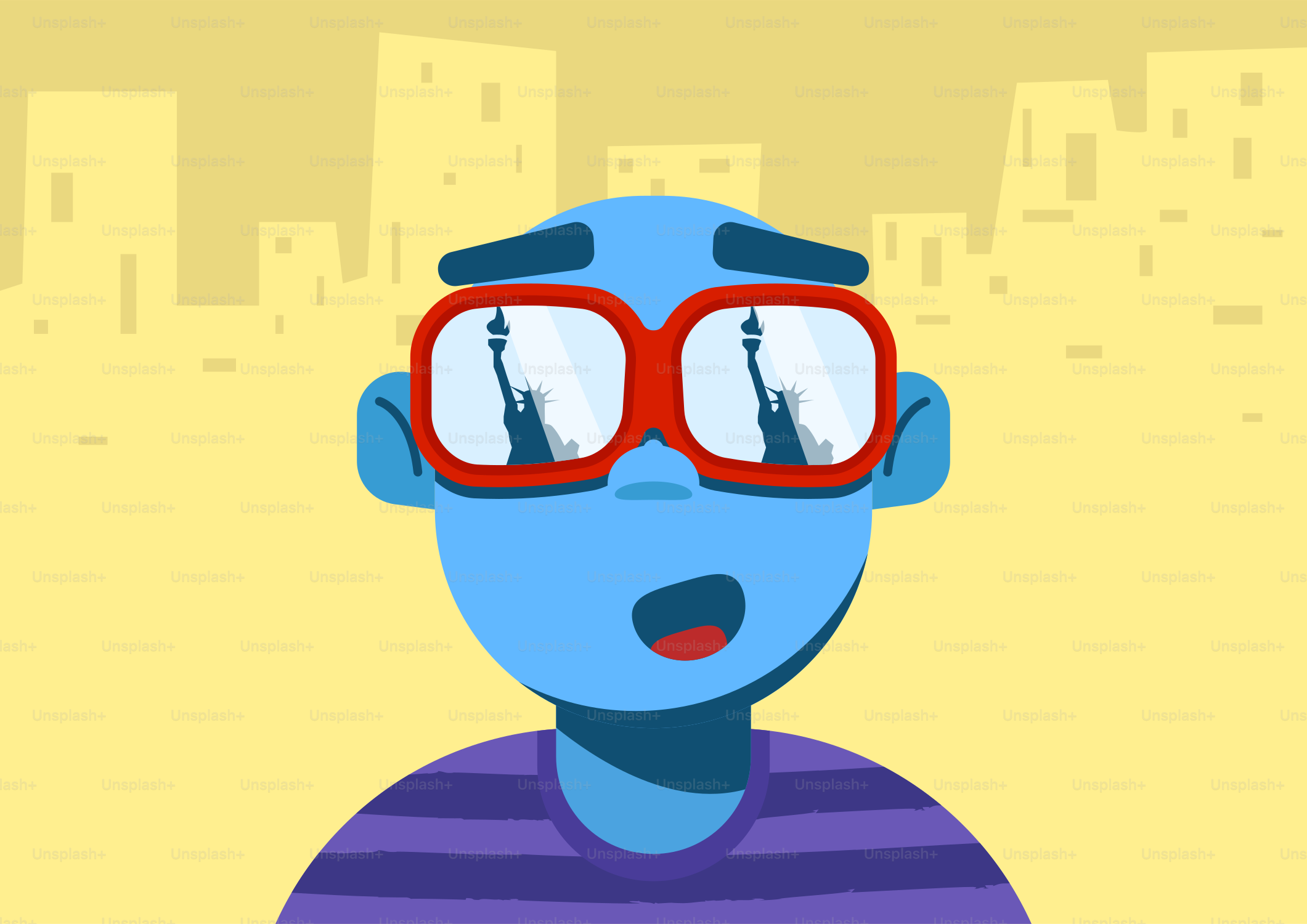 Ein Mann mit roter Brille steht vor einer Stadtlandschaft Vektor – Bild zum  Thema Reise auf Unsplash, image size:3000x2121