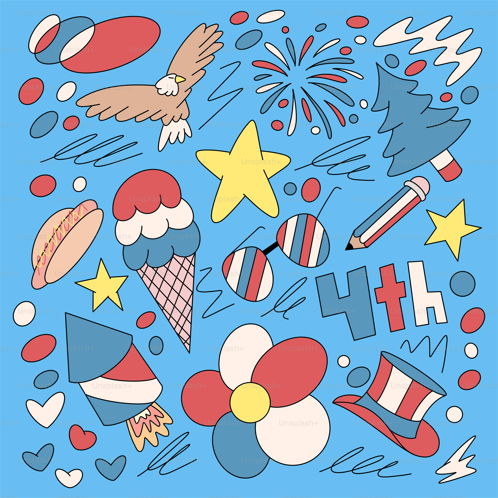 A blue background with fireworks, stars, and balloons