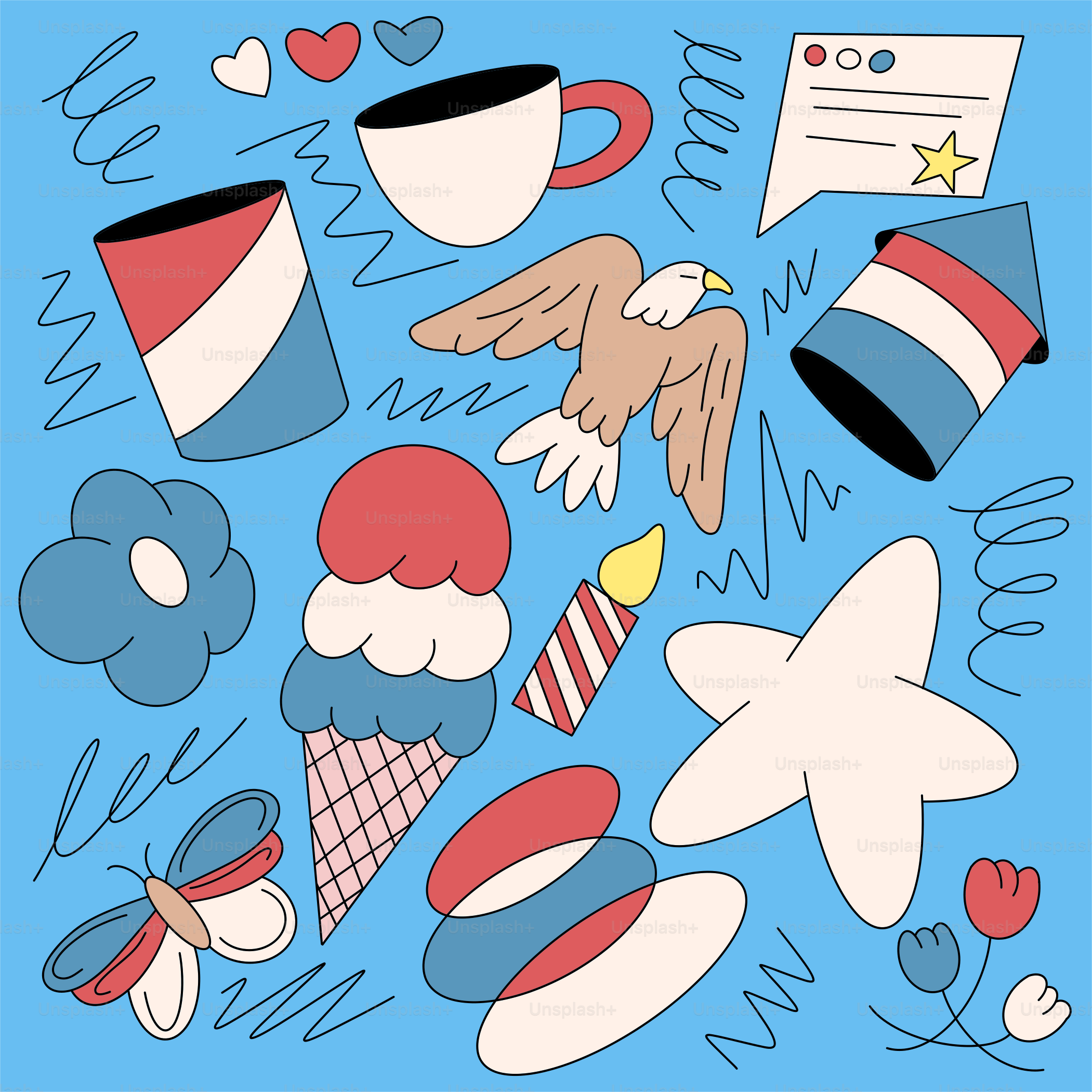 Un fondo azul con un montón de cosas diferentes