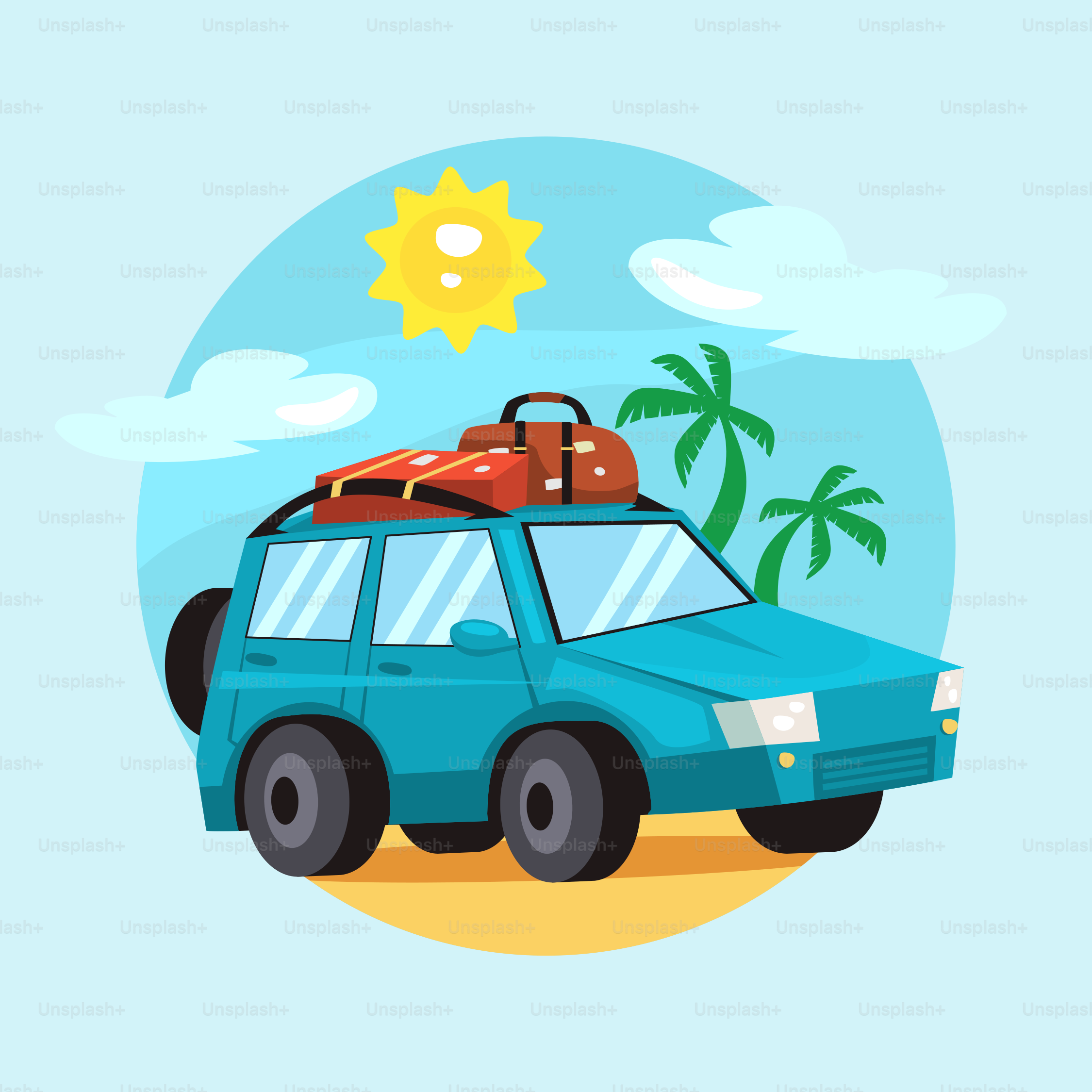 A blue car with luggage on top of it