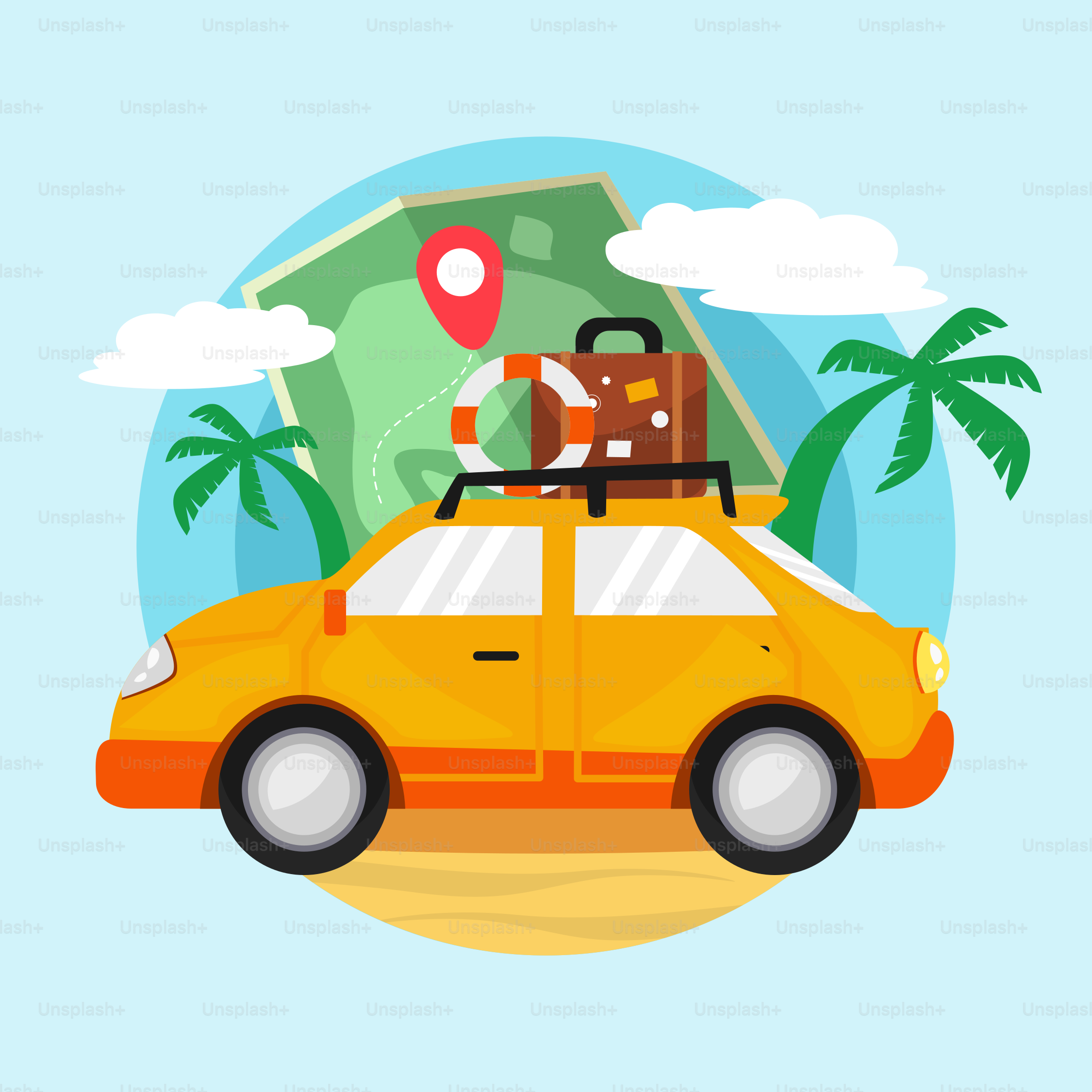 A yellow car with luggage on top of it