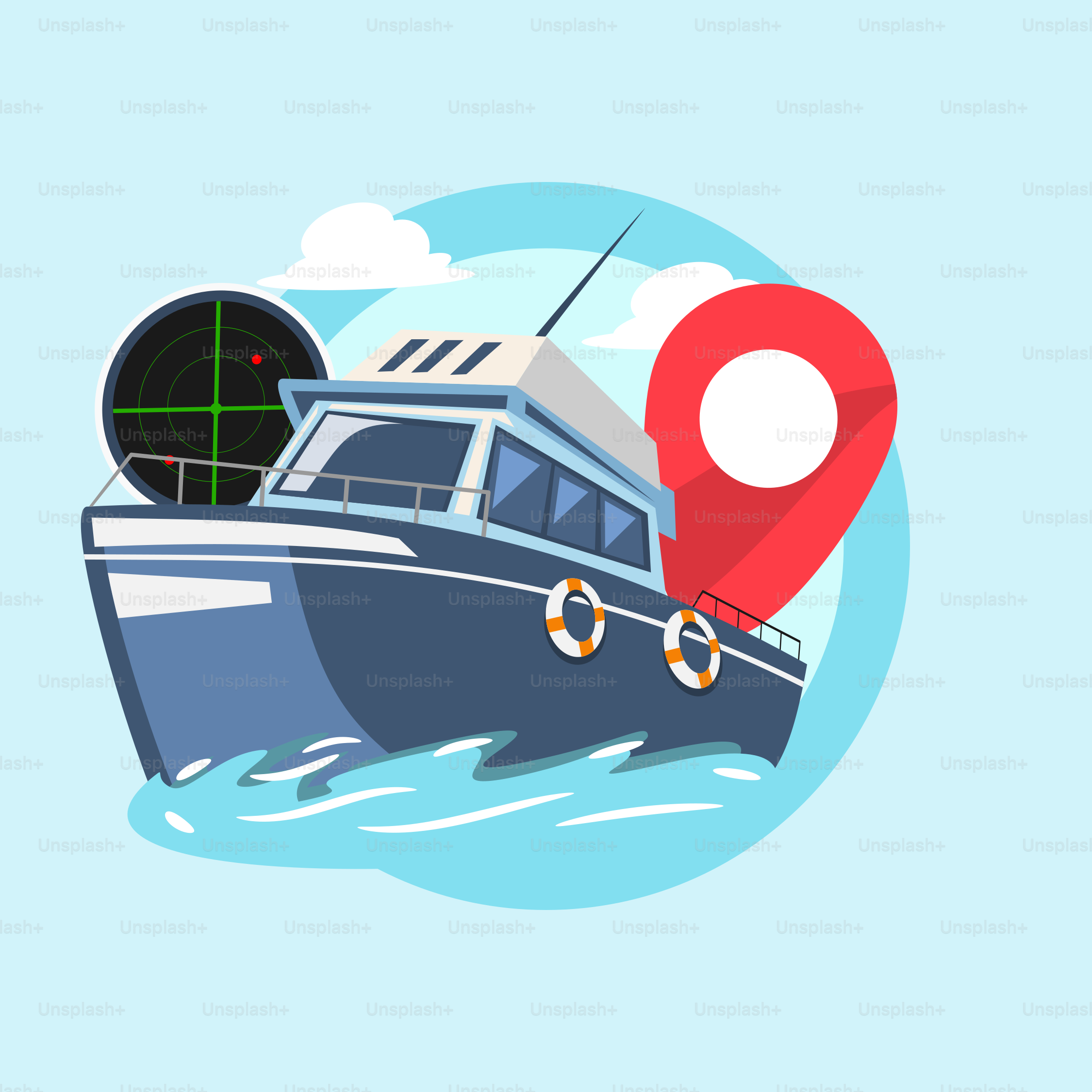 A blue boat with a red marker on it