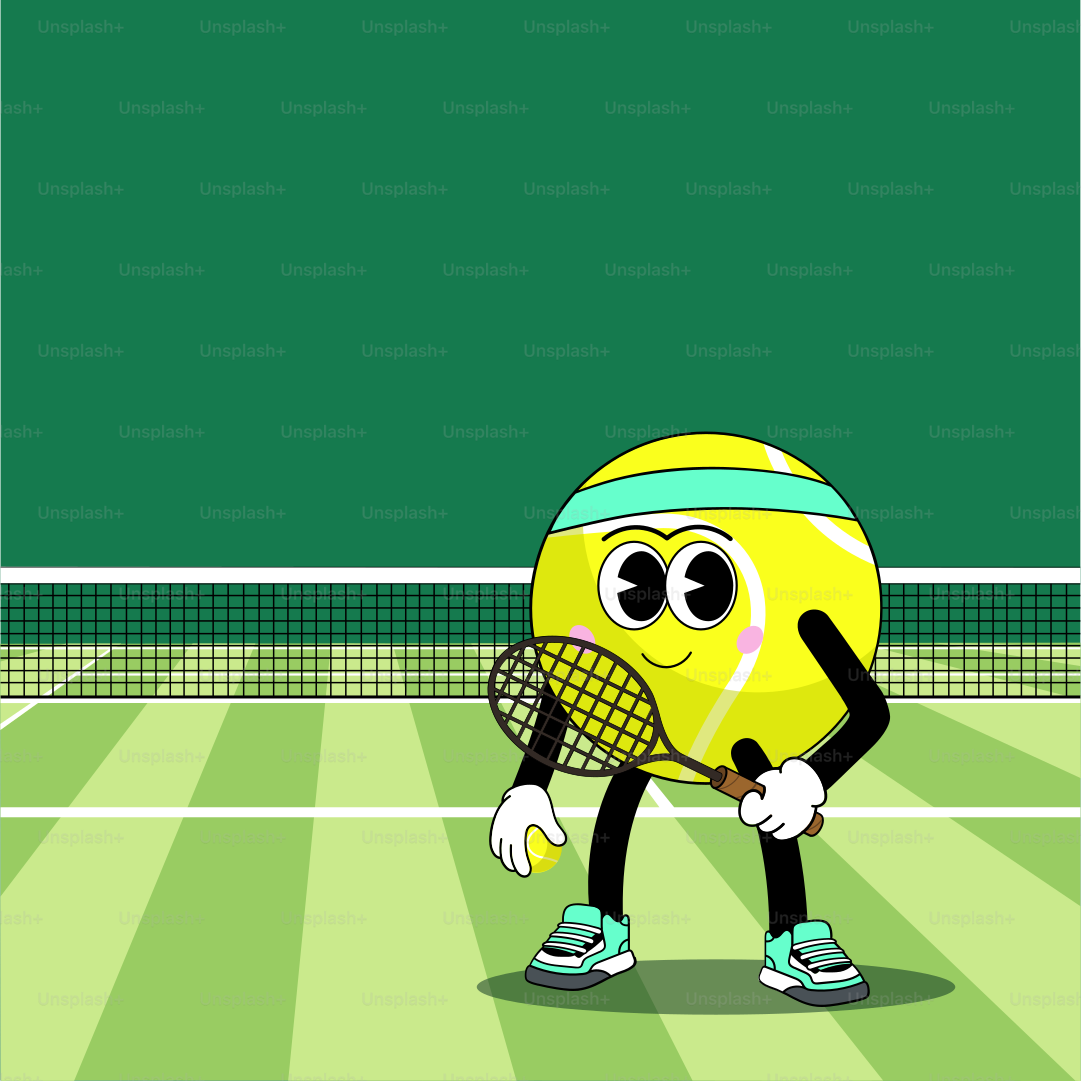 Una pelota de tenis de dibujos animados sosteniendo una raqueta en una pista