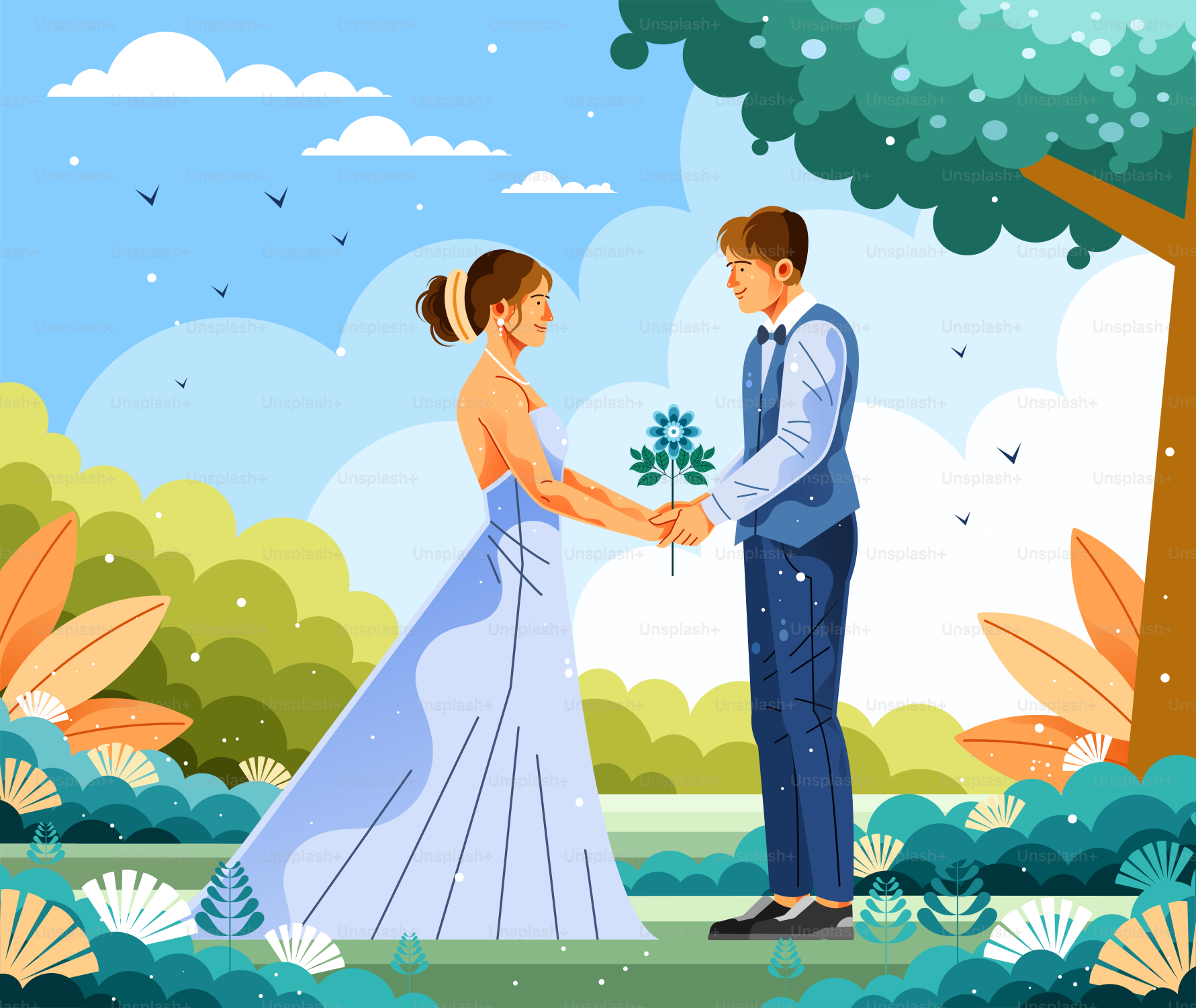 A bride and groom are standing in the woods