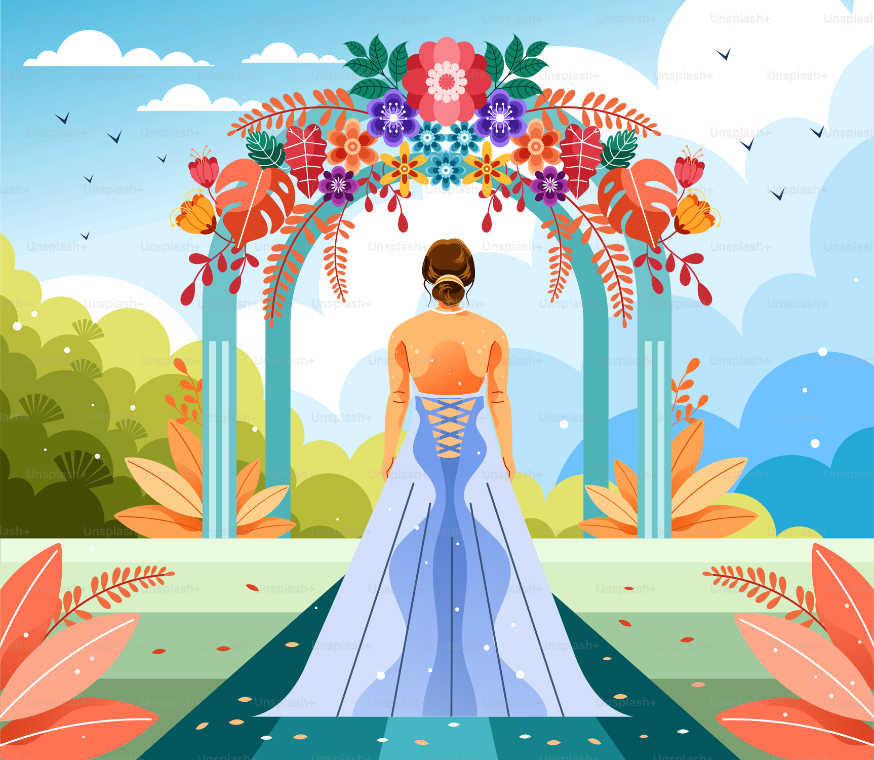 A woman in a blue dress walking down a path