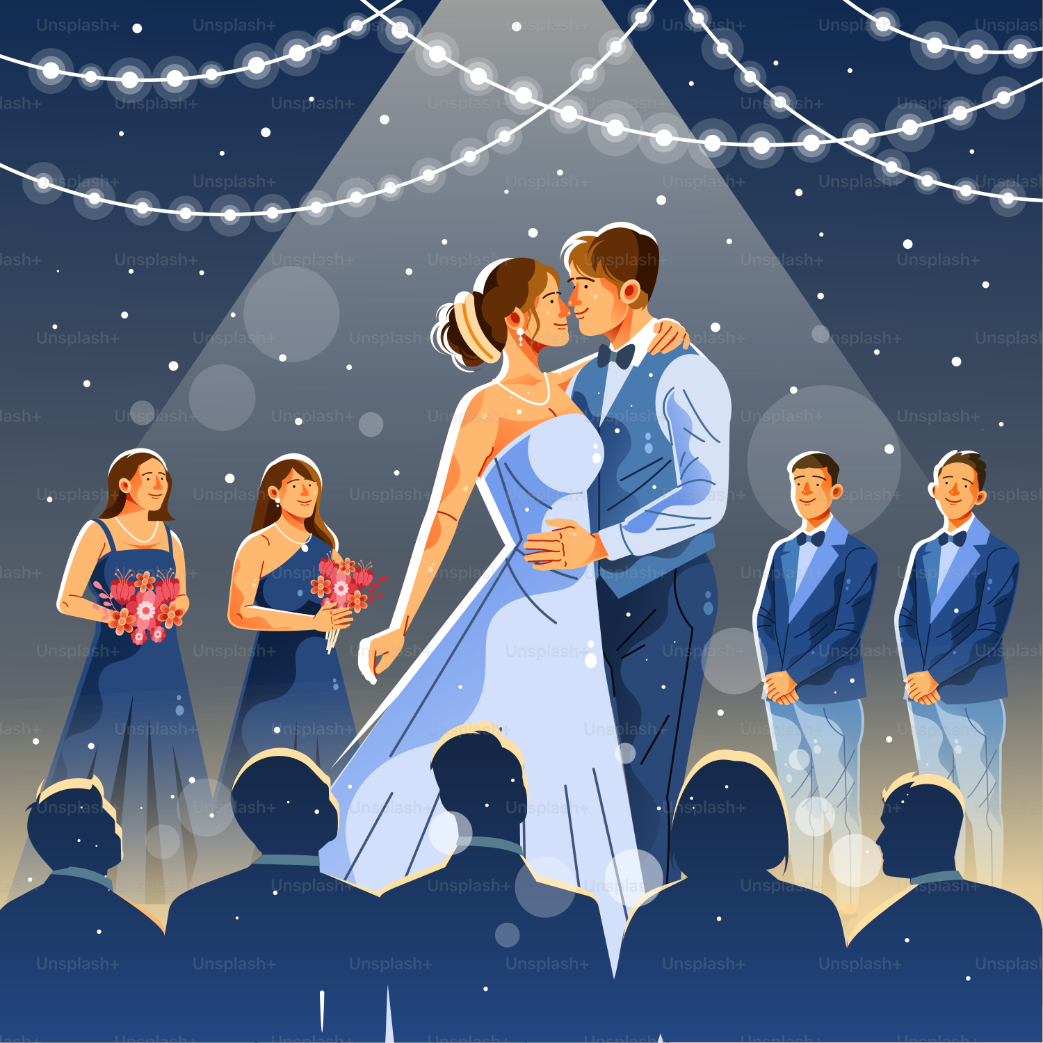 A couple kissing in front of a crowd of people