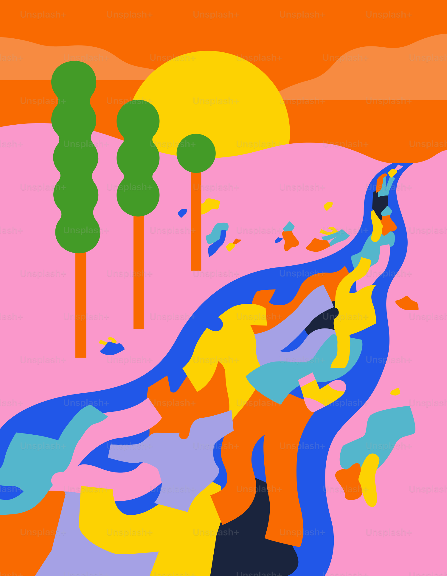 木々を背景にした女性の絵