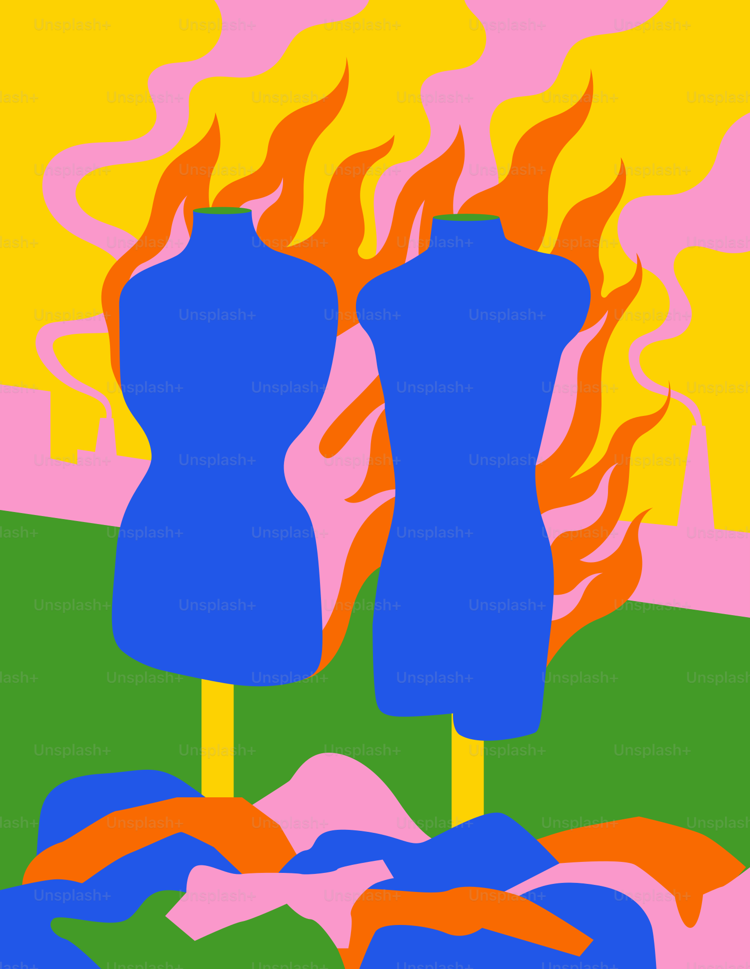 Uma pintura de dois manequins azuis em frente a uma fogueira