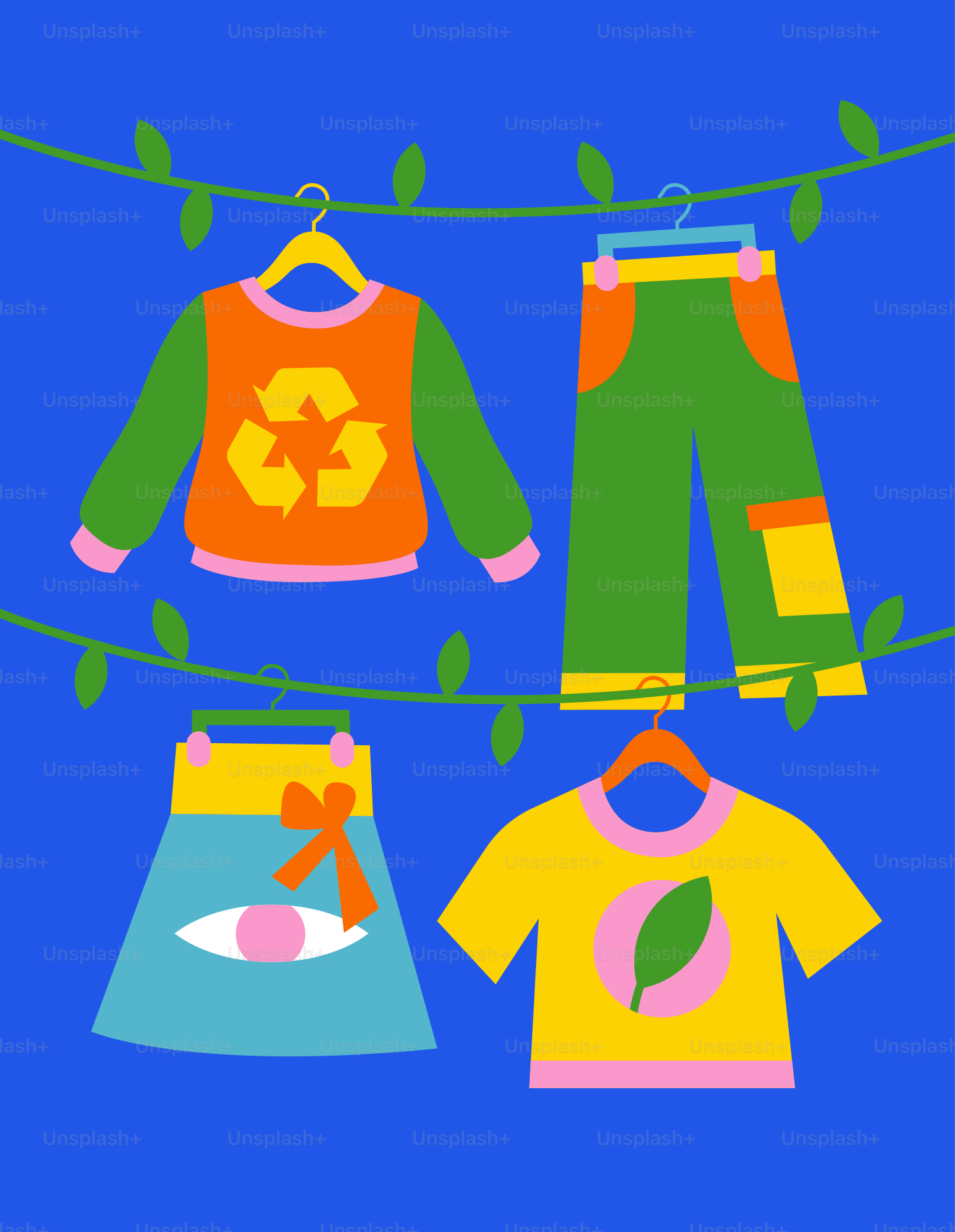 Clothes hanging on a clothes line with a blue background