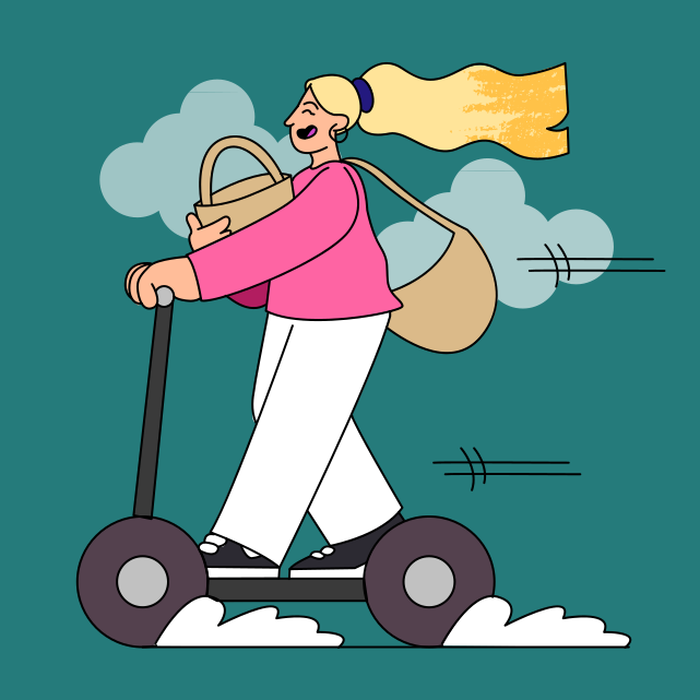 Ein Mann, der mit einer Tasche auf dem Rücken auf einem Roller fährt