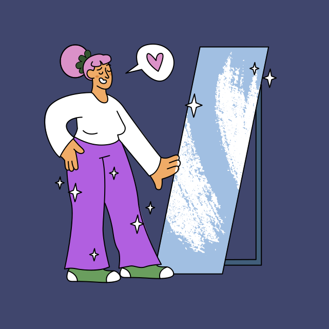 eine Karikatur einer Frau, die in einen Spiegel schaut