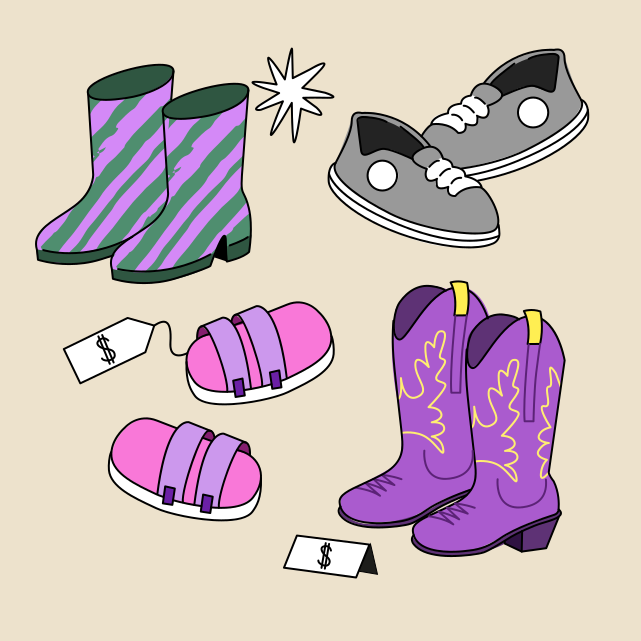 a drawing of a variety of shoes on a beige background