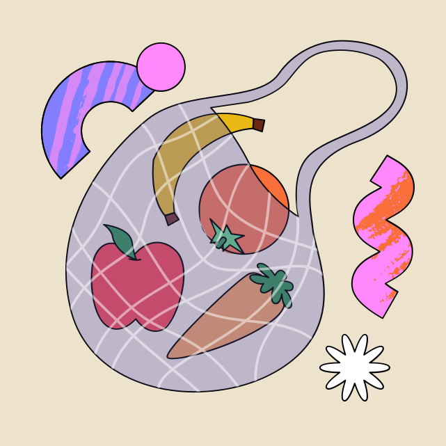 Eine Zeichnung eines Apfels, Karotten und eines Apfels auf einem Teller
