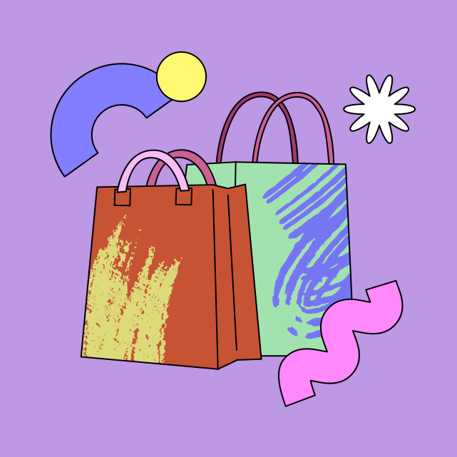 three bags on a purple background with a sun in the background