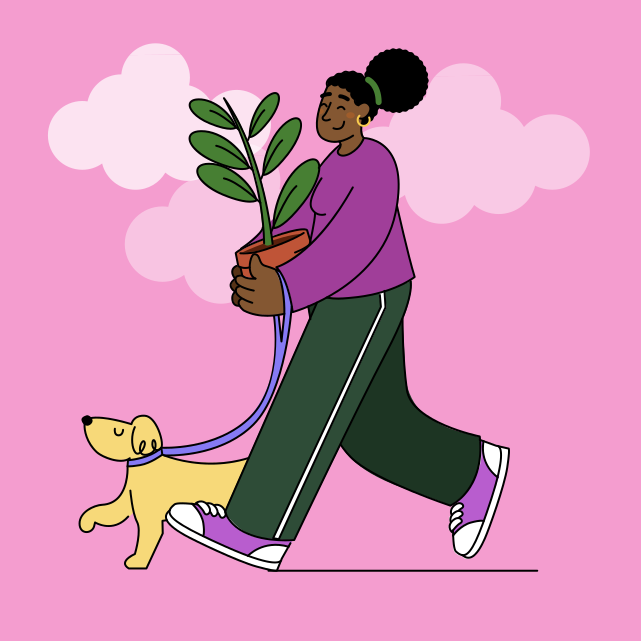 Eine Frau, die mit einem Hund mit einer Topfpflanze an der Leine spazieren geht