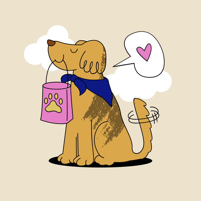 Eine Zeichnung eines Hundes, der eine Einkaufstasche hält