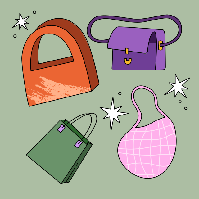 eine Handtasche, Geldbörse und Sterne auf grünem Hintergrund