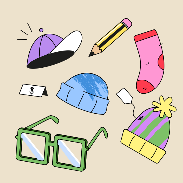 Eine Zeichnung eines Hutes, einer Brille, eines Huts und anderer Gegenstände