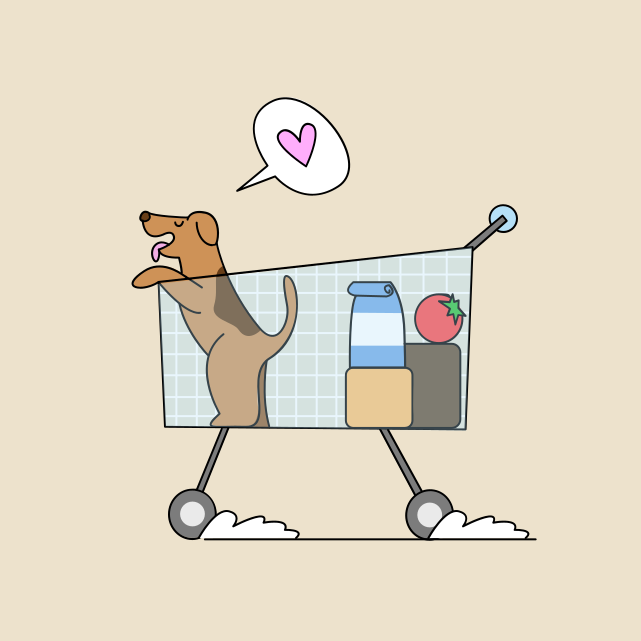 개 한 마리가 식료품으로 가득 찬 쇼핑 카트를 밀고 있습니다